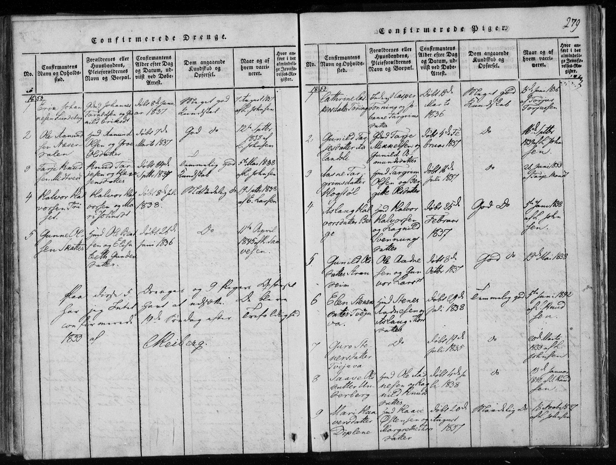 Lårdal kirkebøker, SAKO/A-284/F/Fa/L0005: Parish register (official) no. I 5, 1815-1860, p. 279