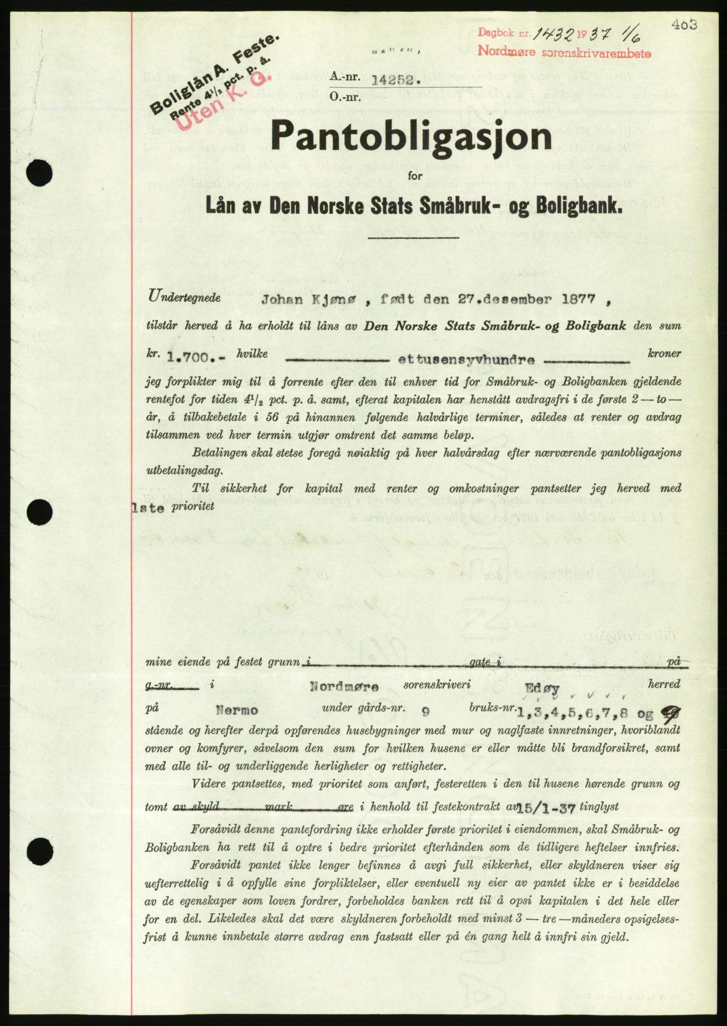 Nordmøre sorenskriveri, AV/SAT-A-4132/1/2/2Ca/L0091: Mortgage book no. B81, 1937-1937, Diary no: : 1432/1937