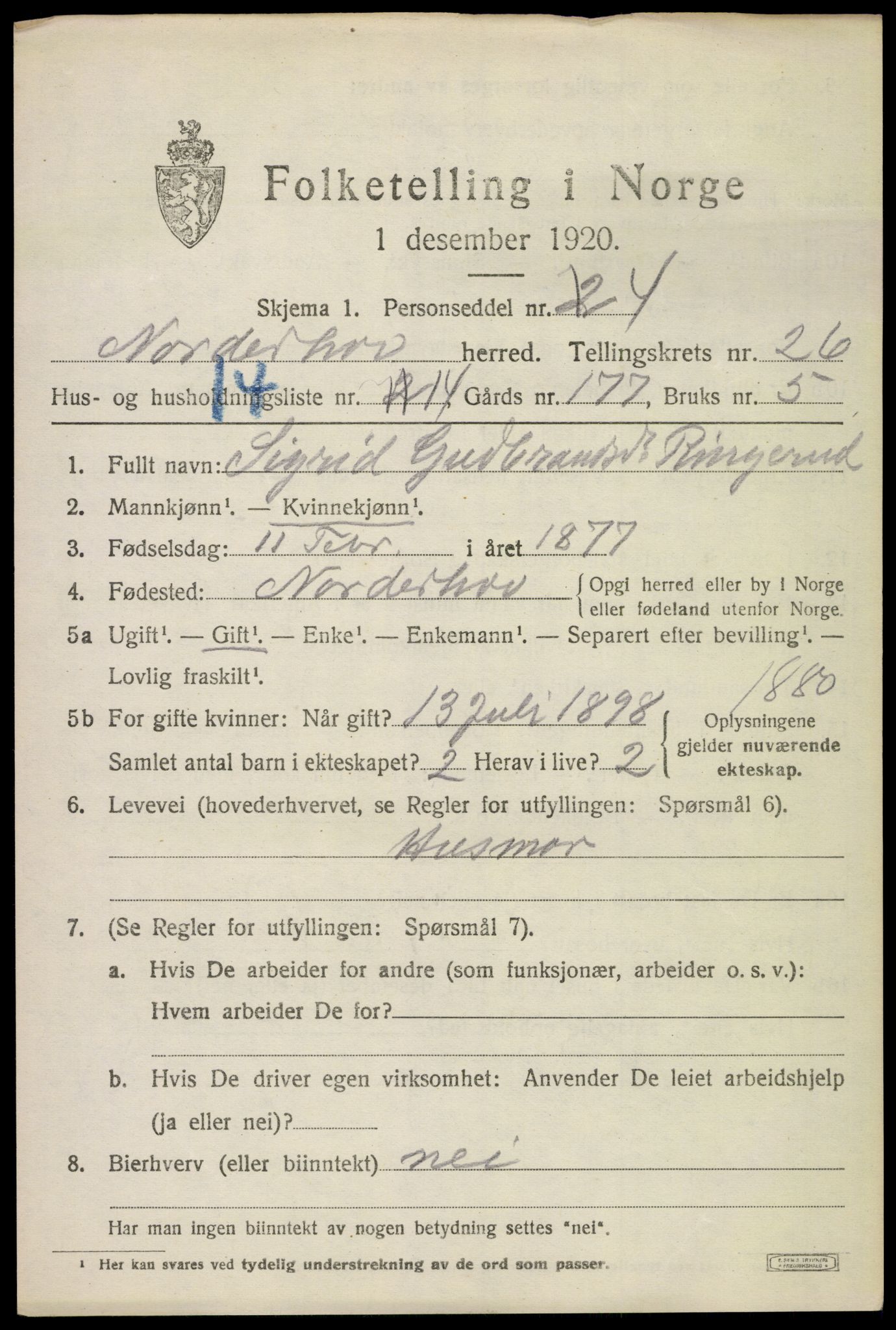 SAKO, 1920 census for Norderhov, 1920, p. 24263