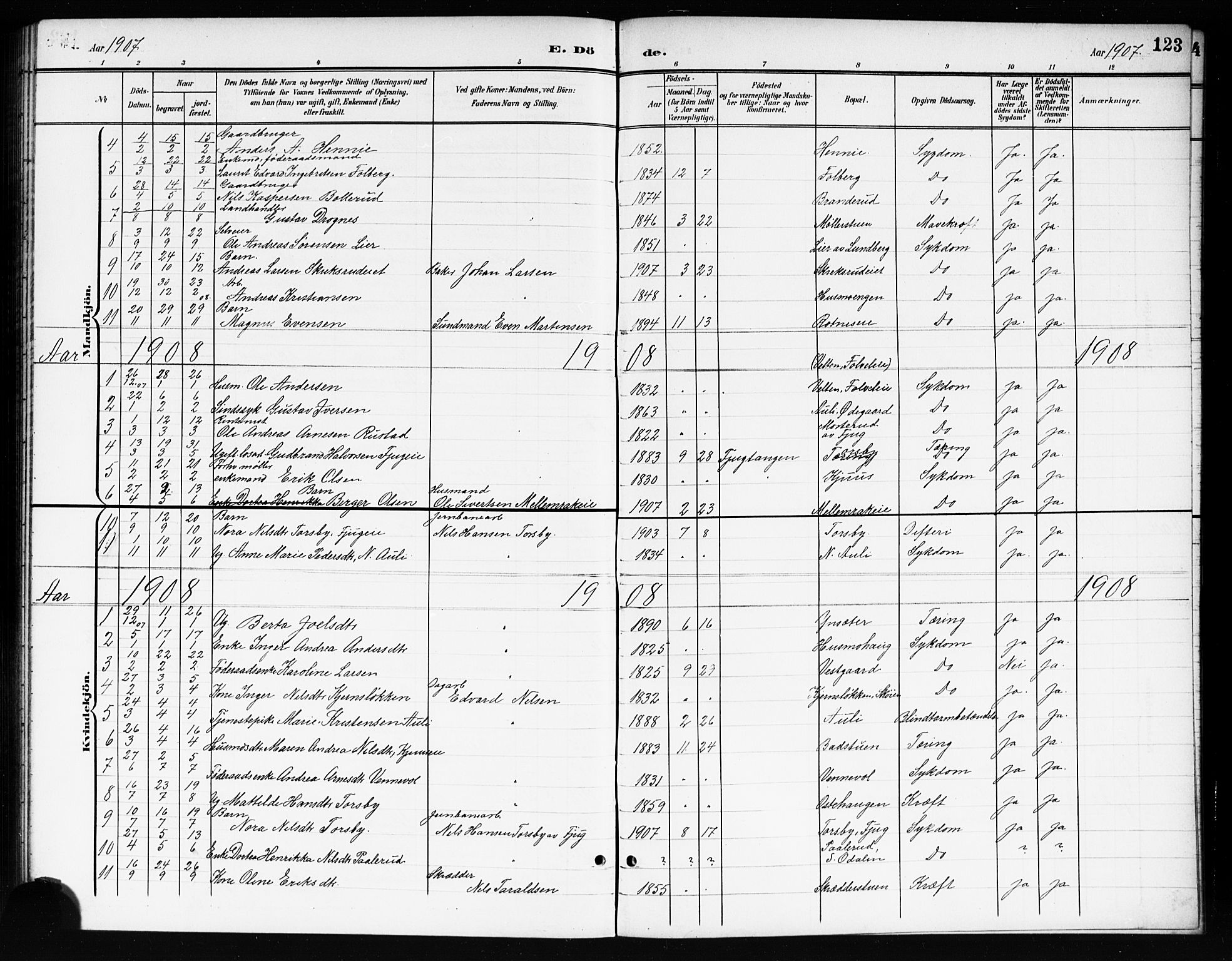 Nes prestekontor Kirkebøker, AV/SAO-A-10410/G/Gc/L0001: Parish register (copy) no. III 1, 1901-1917, p. 123