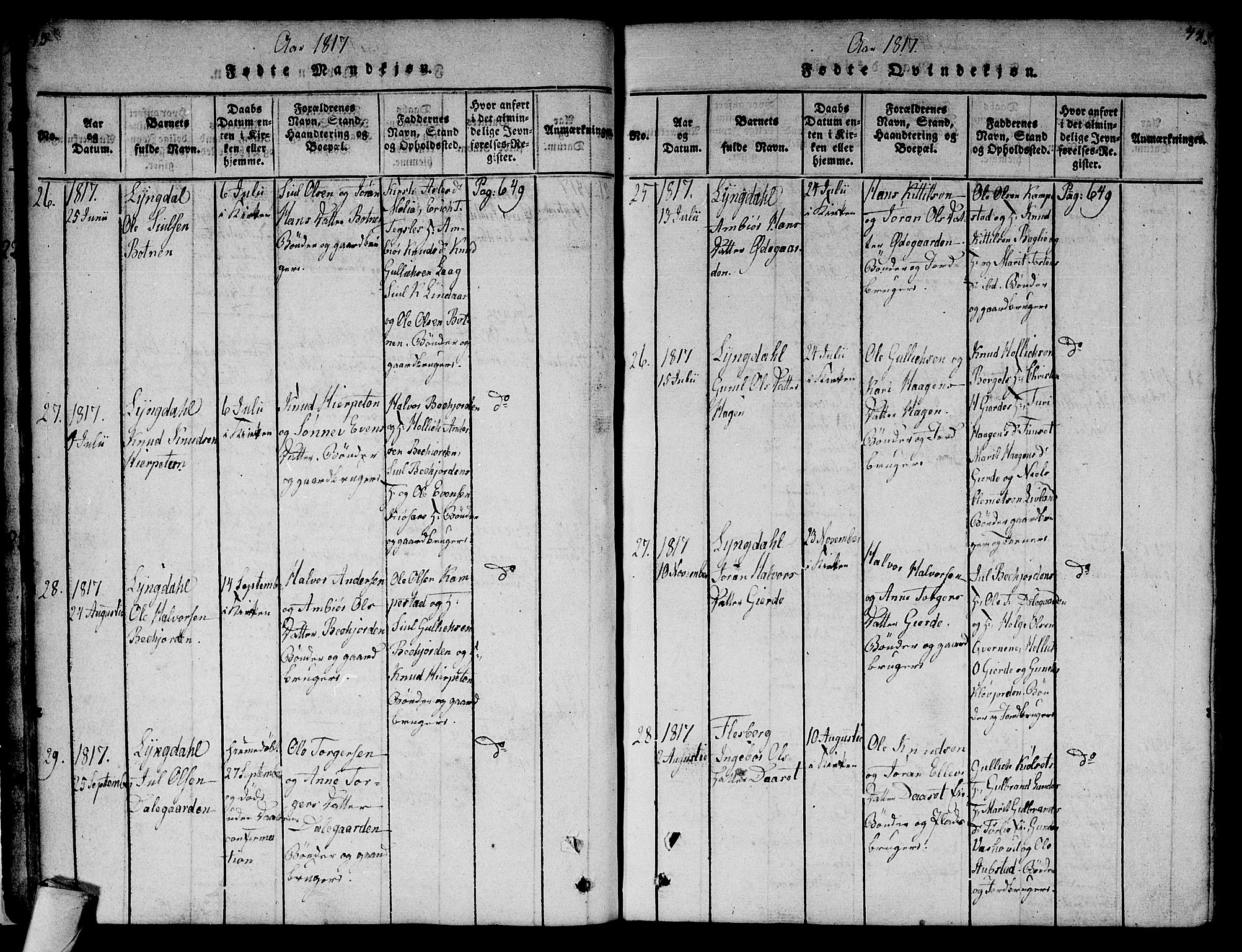 Flesberg kirkebøker, AV/SAKO-A-18/F/Fa/L0005: Parish register (official) no. I 5, 1816-1834, p. 43-44