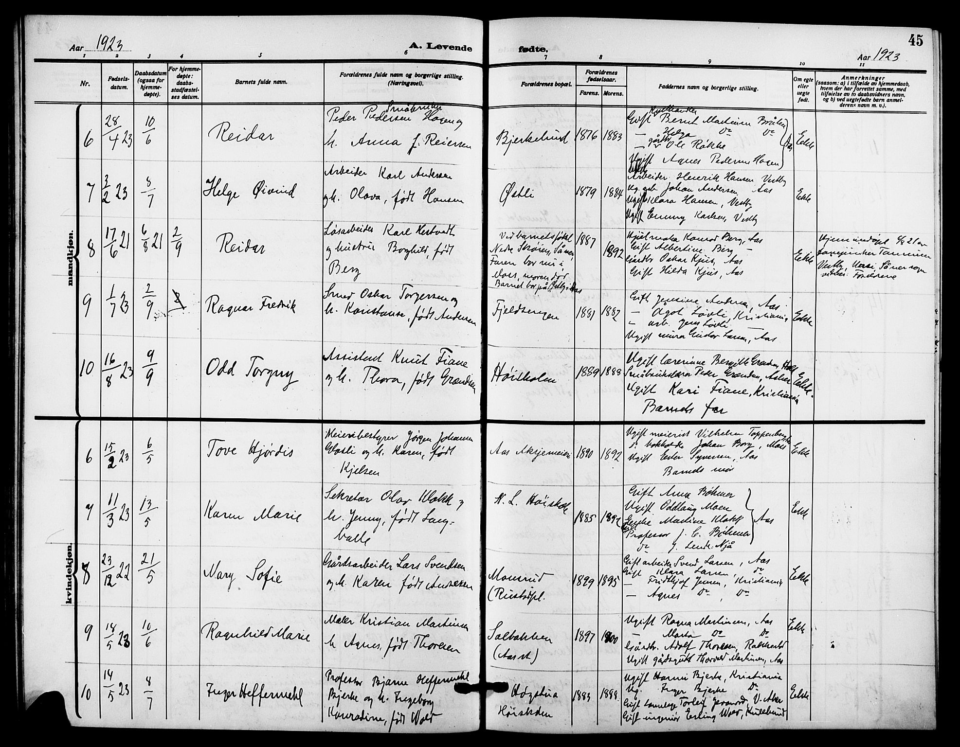 Ås prestekontor Kirkebøker, SAO/A-10894/G/Ga/L0005: Parish register (copy) no. I 5, 1916-1924, p. 45