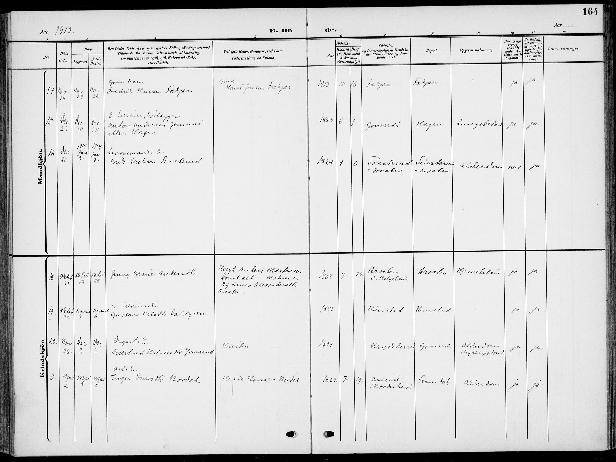 Hole kirkebøker, AV/SAKO-A-228/F/Fa/L0010: Parish register (official) no. I 10, 1907-1917, p. 164