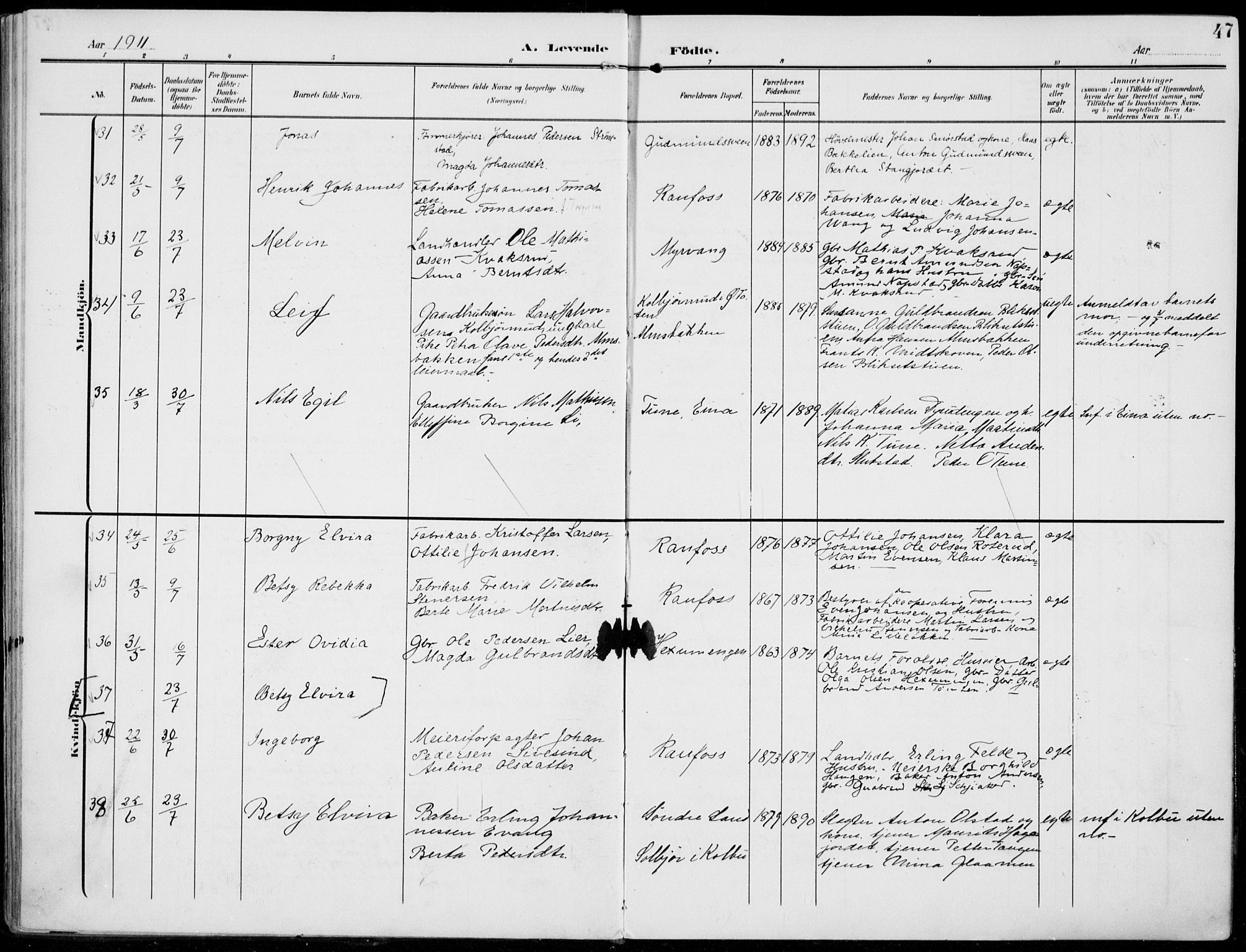 Vestre Toten prestekontor, AV/SAH-PREST-108/H/Ha/Haa/L0014: Parish register (official) no. 14, 1907-1920, p. 47