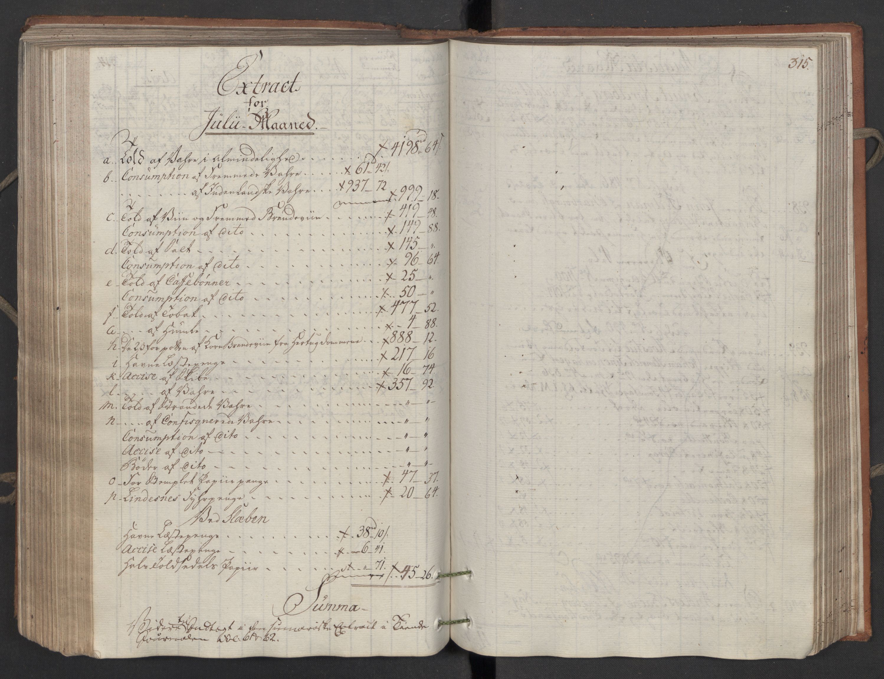 Generaltollkammeret, tollregnskaper, AV/RA-EA-5490/R06/L0194/0001: Tollregnskaper Kristiania / Inngående tollbok, 1794, p. 314b-315a