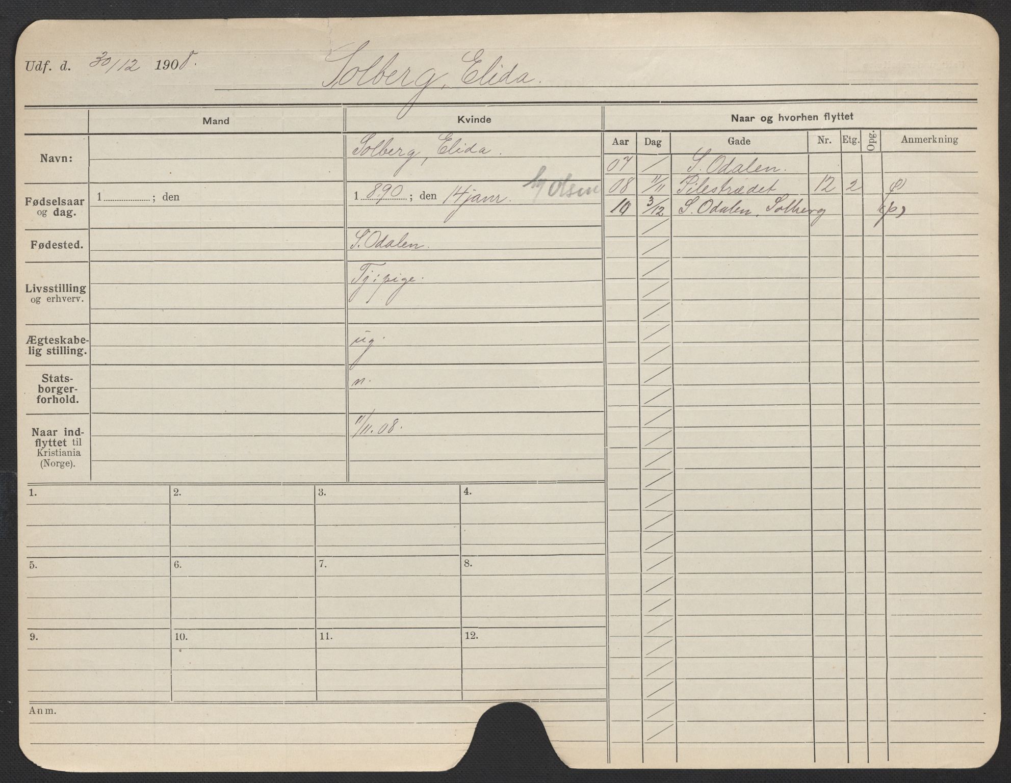 Oslo folkeregister, Registerkort, AV/SAO-A-11715/F/Fa/Fac/L0024: Kvinner, 1906-1914, p. 75a