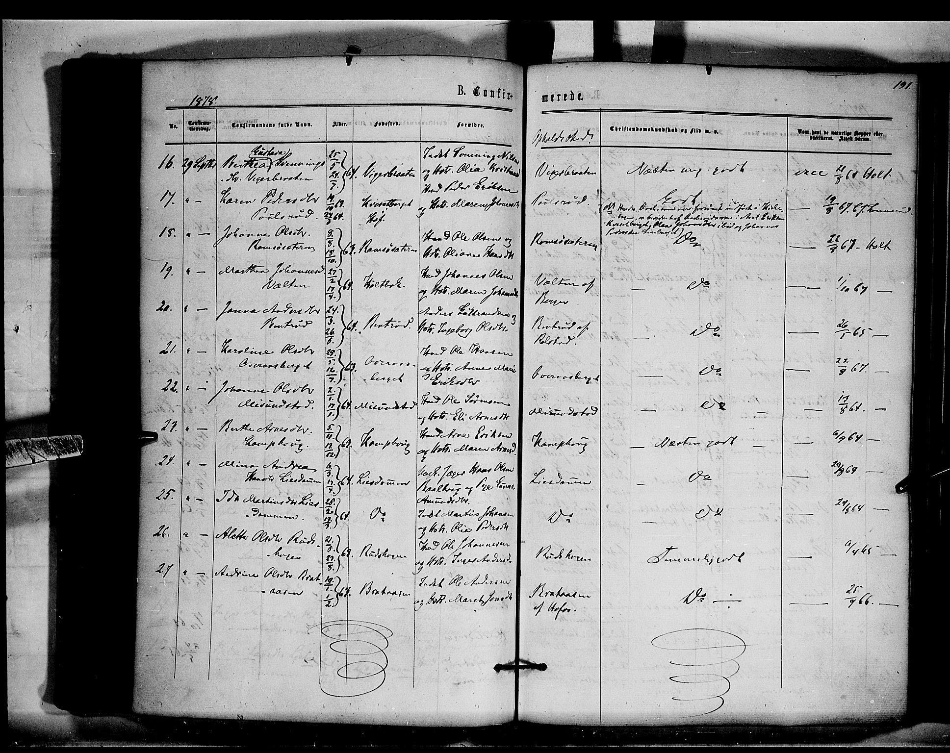 Brandval prestekontor, AV/SAH-PREST-034/H/Ha/Haa/L0001: Parish register (official) no. 1, 1864-1879, p. 191