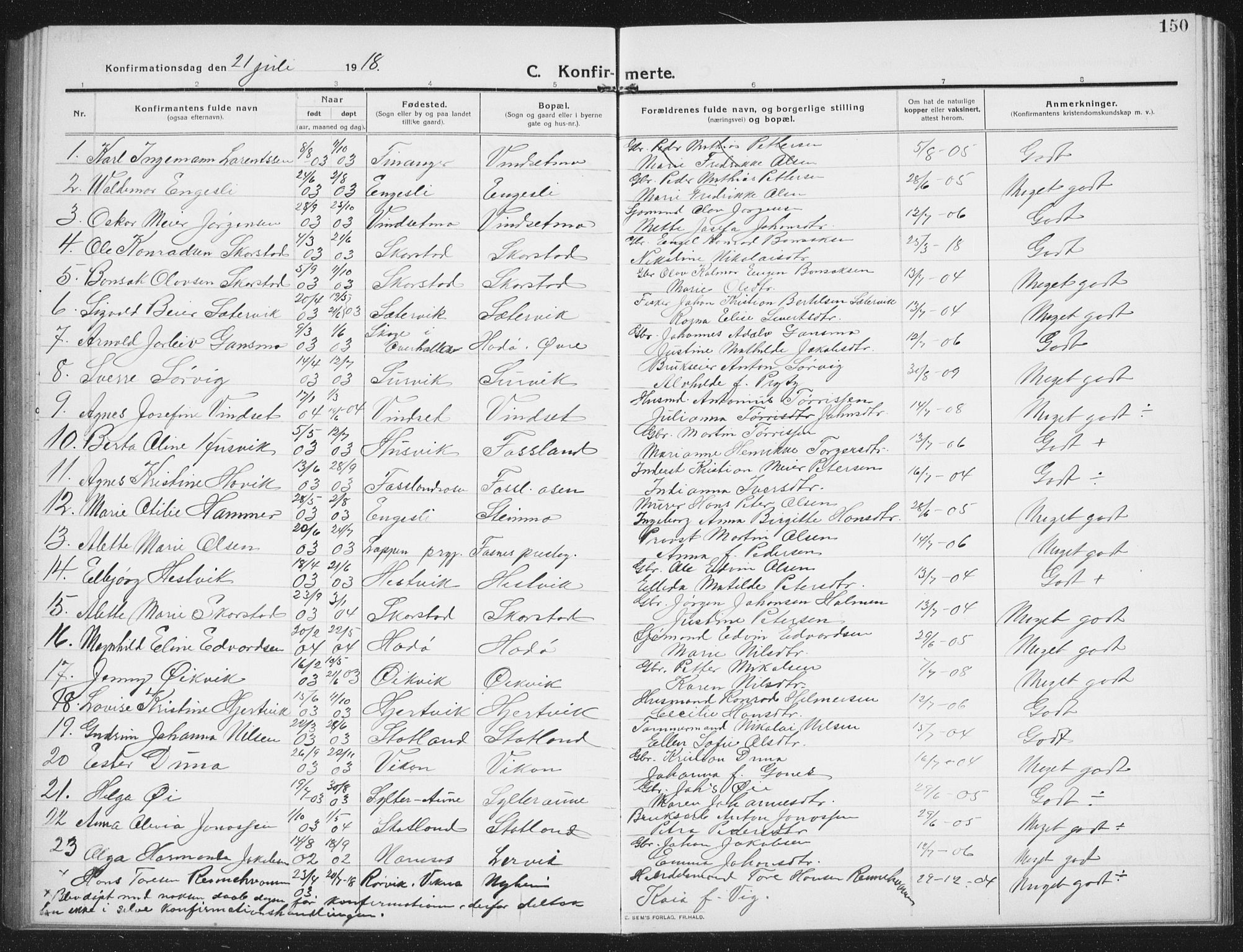 Ministerialprotokoller, klokkerbøker og fødselsregistre - Nord-Trøndelag, SAT/A-1458/774/L0630: Parish register (copy) no. 774C01, 1910-1934, p. 150