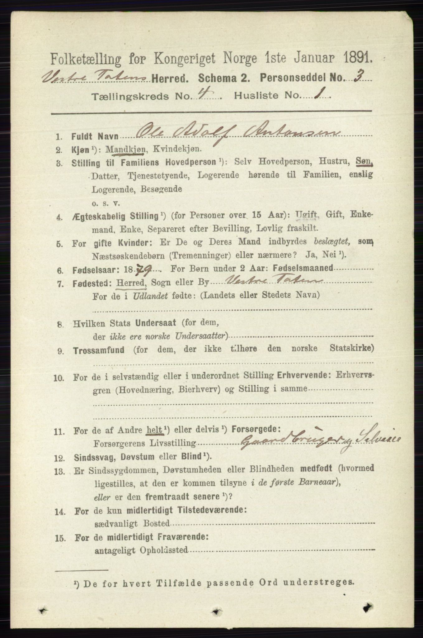 RA, 1891 census for 0529 Vestre Toten, 1891, p. 2705