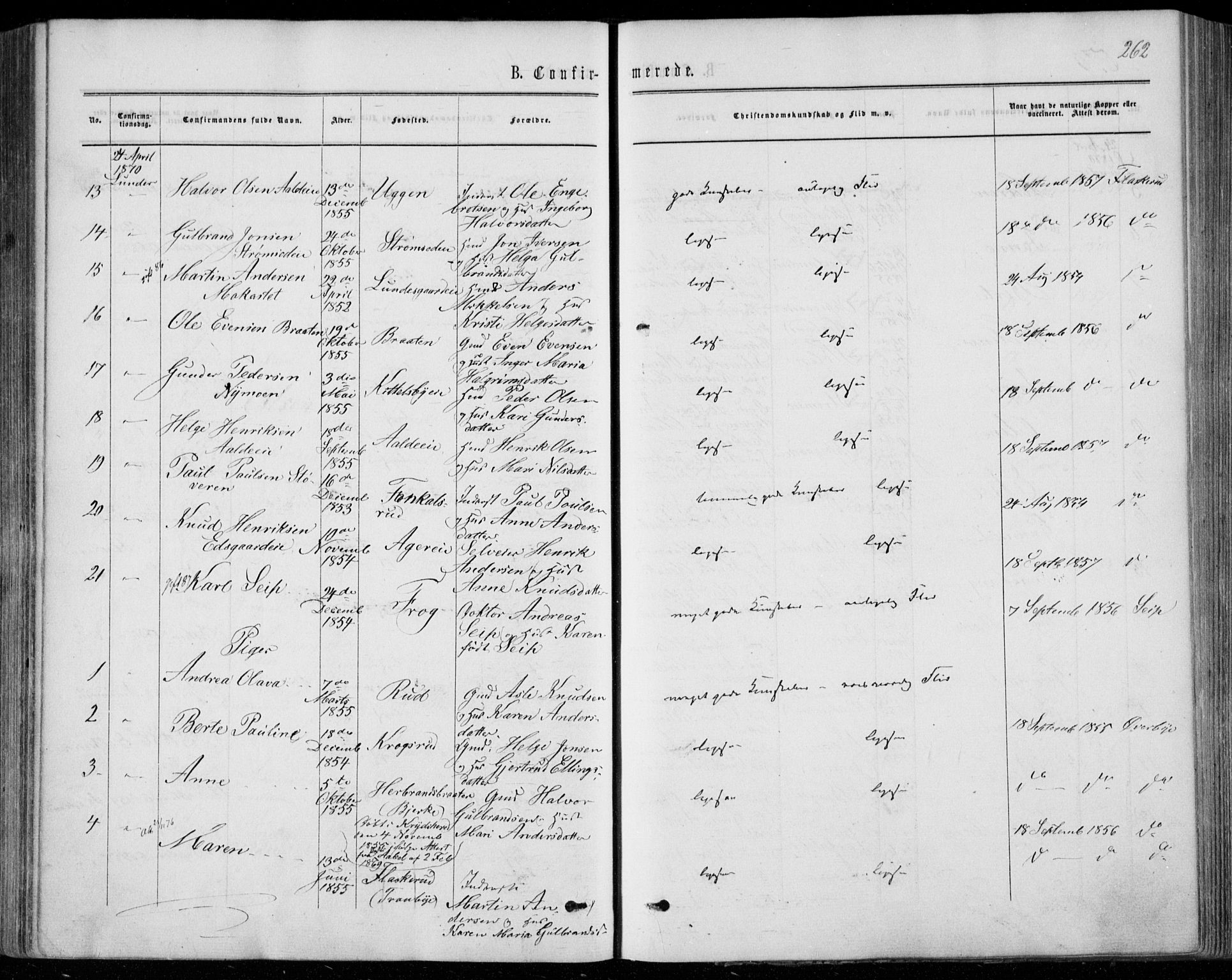 Norderhov kirkebøker, SAKO/A-237/F/Fa/L0013: Parish register (official) no. 13, 1866-1874, p. 262