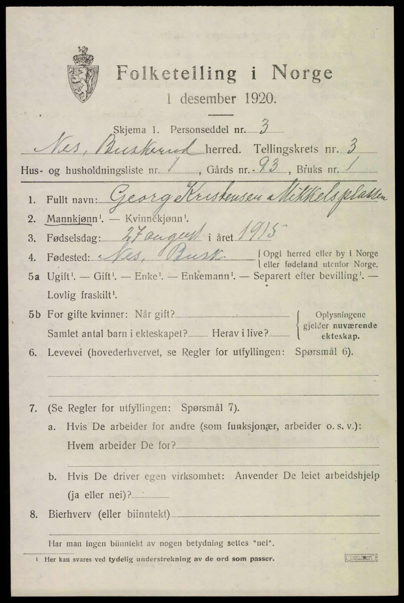 SAKO, 1920 census for Nes (Buskerud), 1920, p. 1630