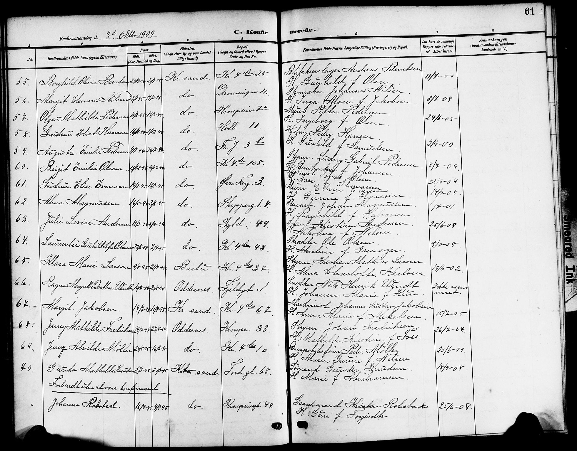 Kristiansand domprosti, AV/SAK-1112-0006/F/Fb/L0020: Parish register (copy) no. B 20, 1906-1915, p. 61