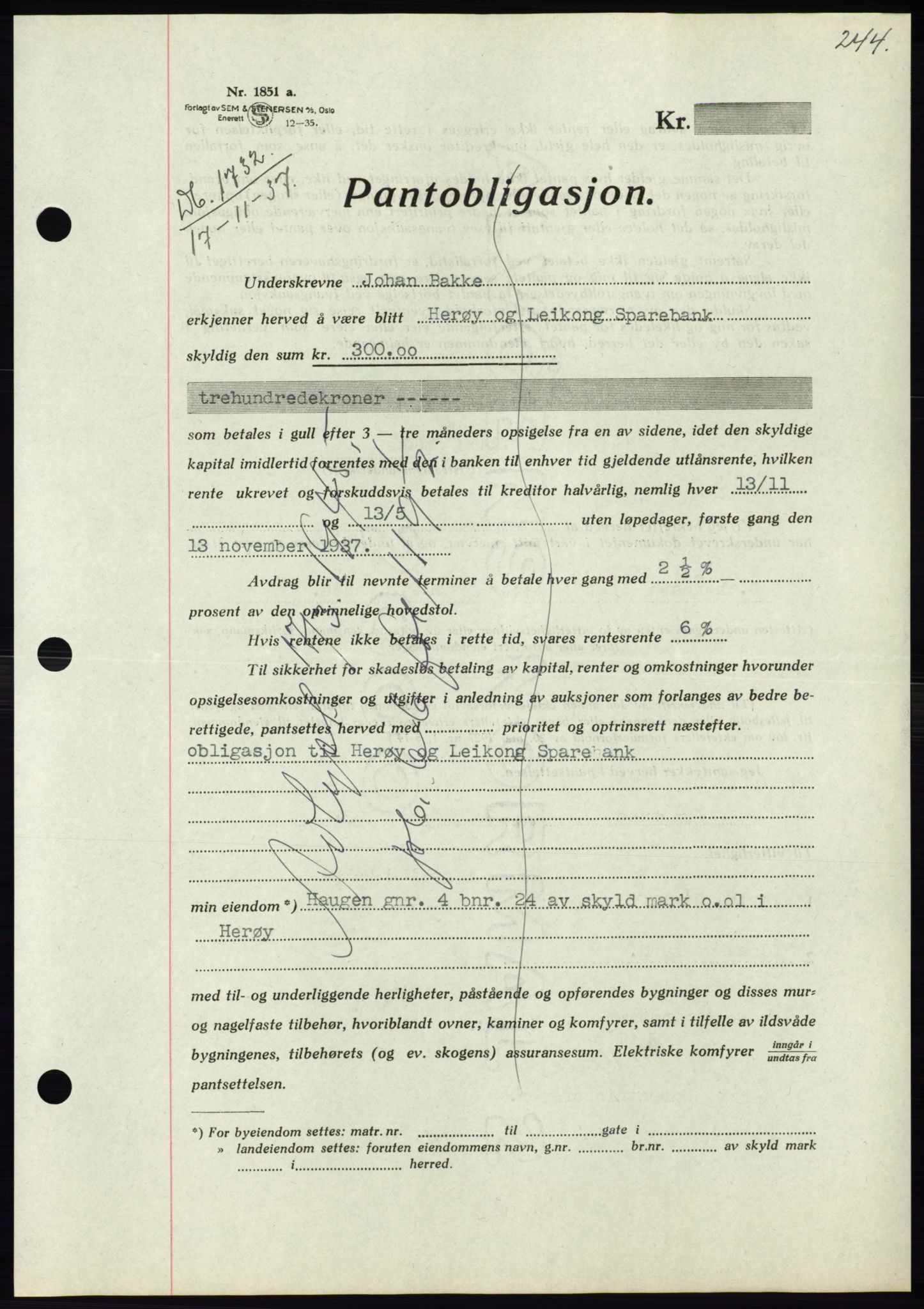 Søre Sunnmøre sorenskriveri, AV/SAT-A-4122/1/2/2C/L0064: Mortgage book no. 58, 1937-1938, Diary no: : 1732/1937