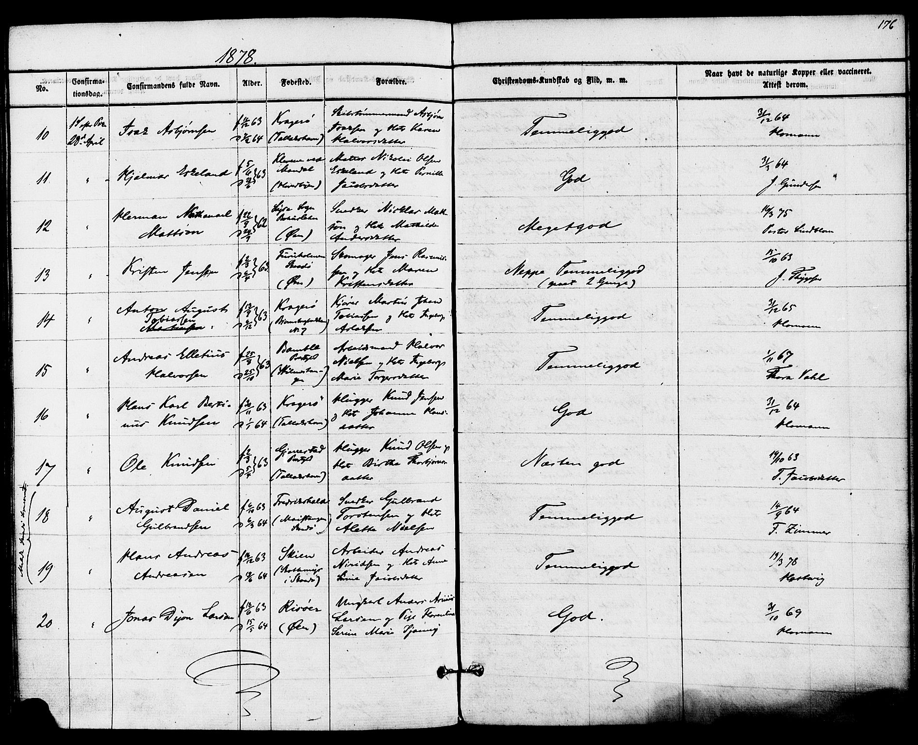 Kragerø kirkebøker, SAKO/A-278/F/Fa/L0008: Parish register (official) no. 8, 1856-1880, p. 176
