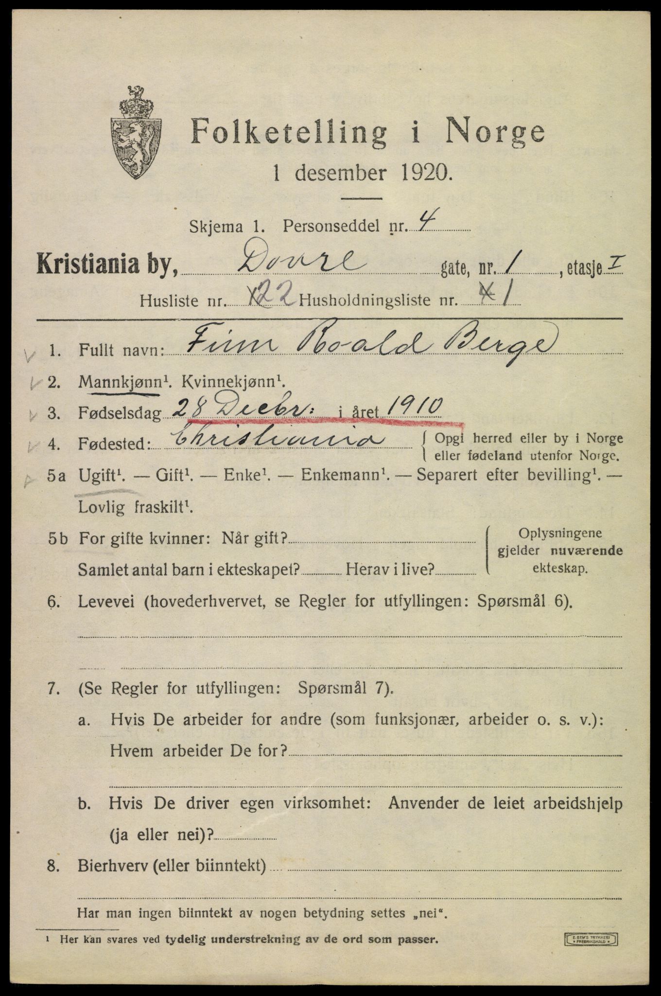 SAO, 1920 census for Kristiania, 1920, p. 199915