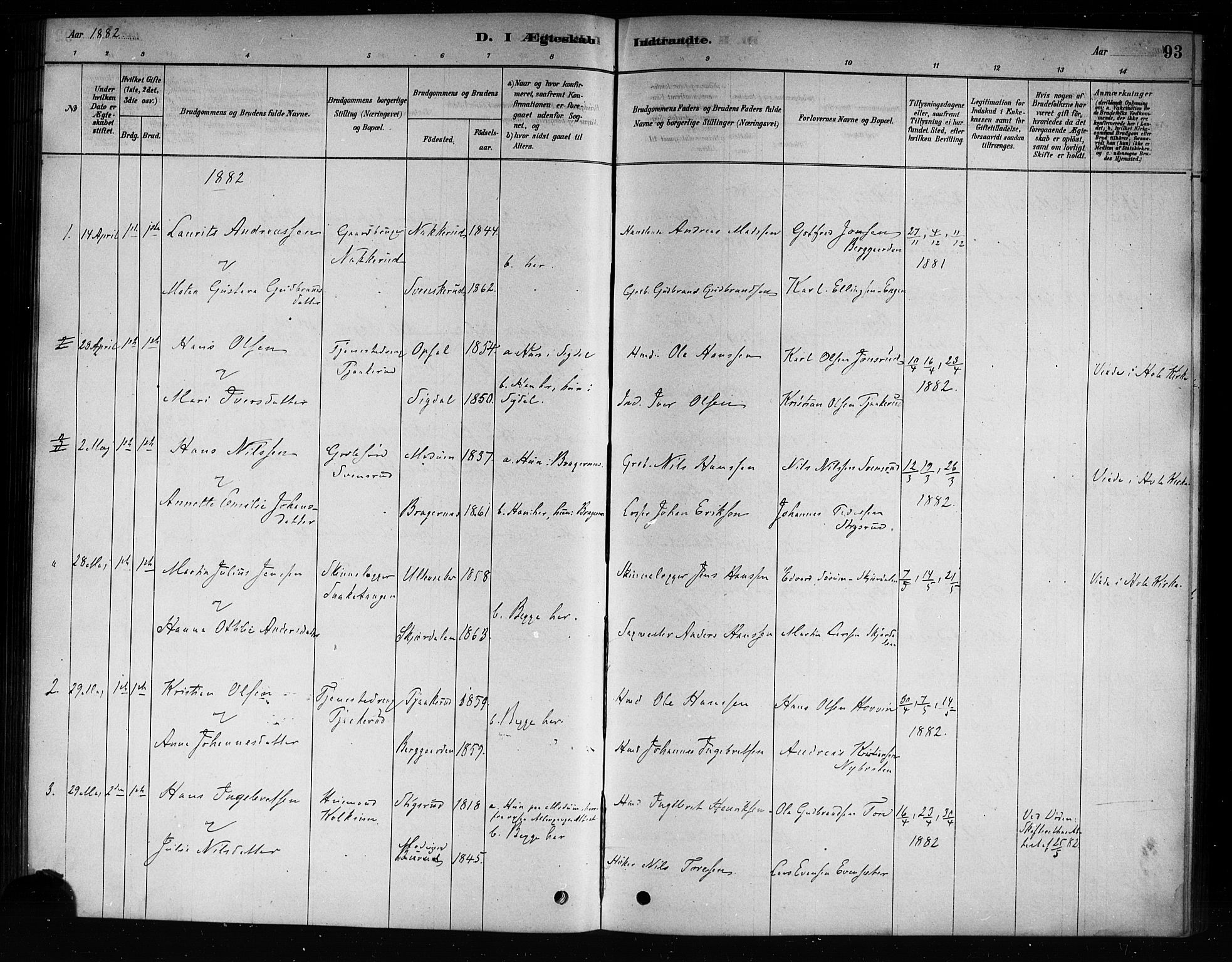 Hole kirkebøker, AV/SAKO-A-228/F/Fb/L0001: Parish register (official) no. II 1, 1878-1891, p. 93