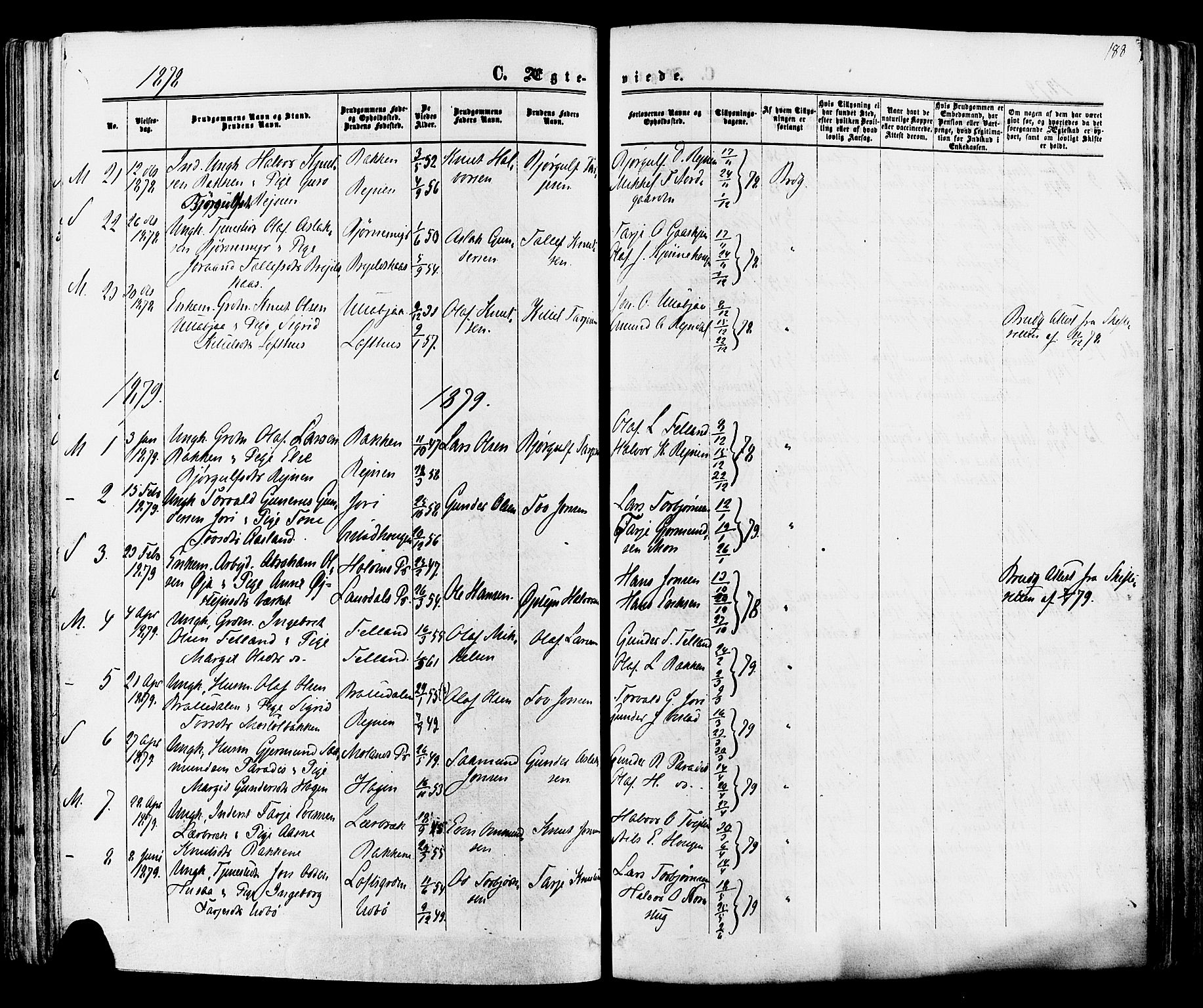 Mo kirkebøker, SAKO/A-286/F/Fa/L0006: Parish register (official) no. I 6, 1865-1885, p. 188