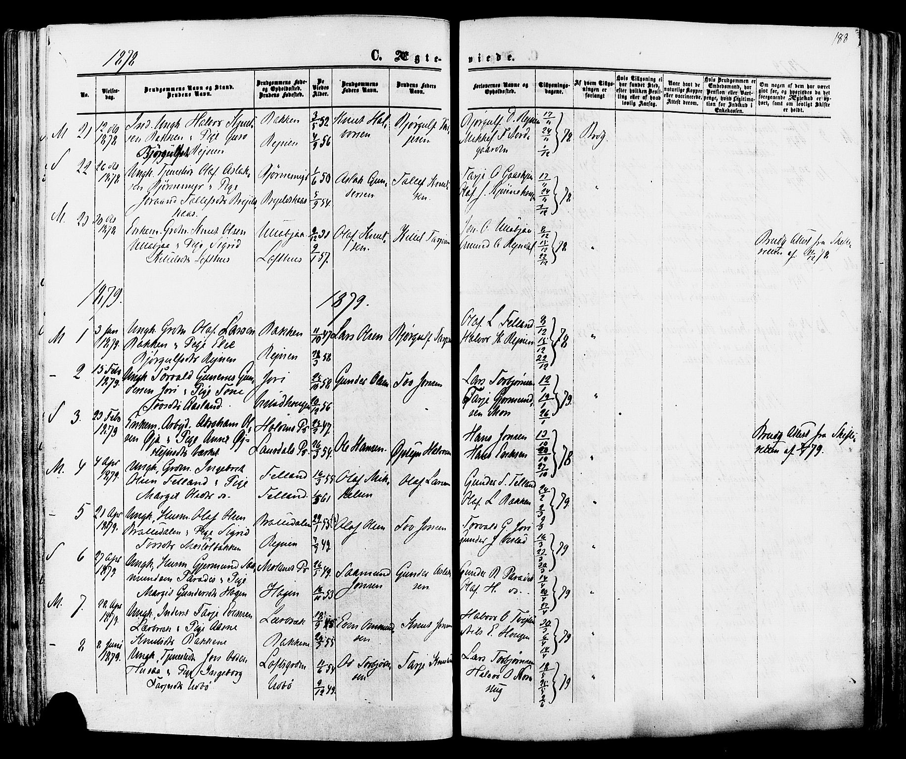 Mo kirkebøker, AV/SAKO-A-286/F/Fa/L0006: Parish register (official) no. I 6, 1865-1885, p. 188