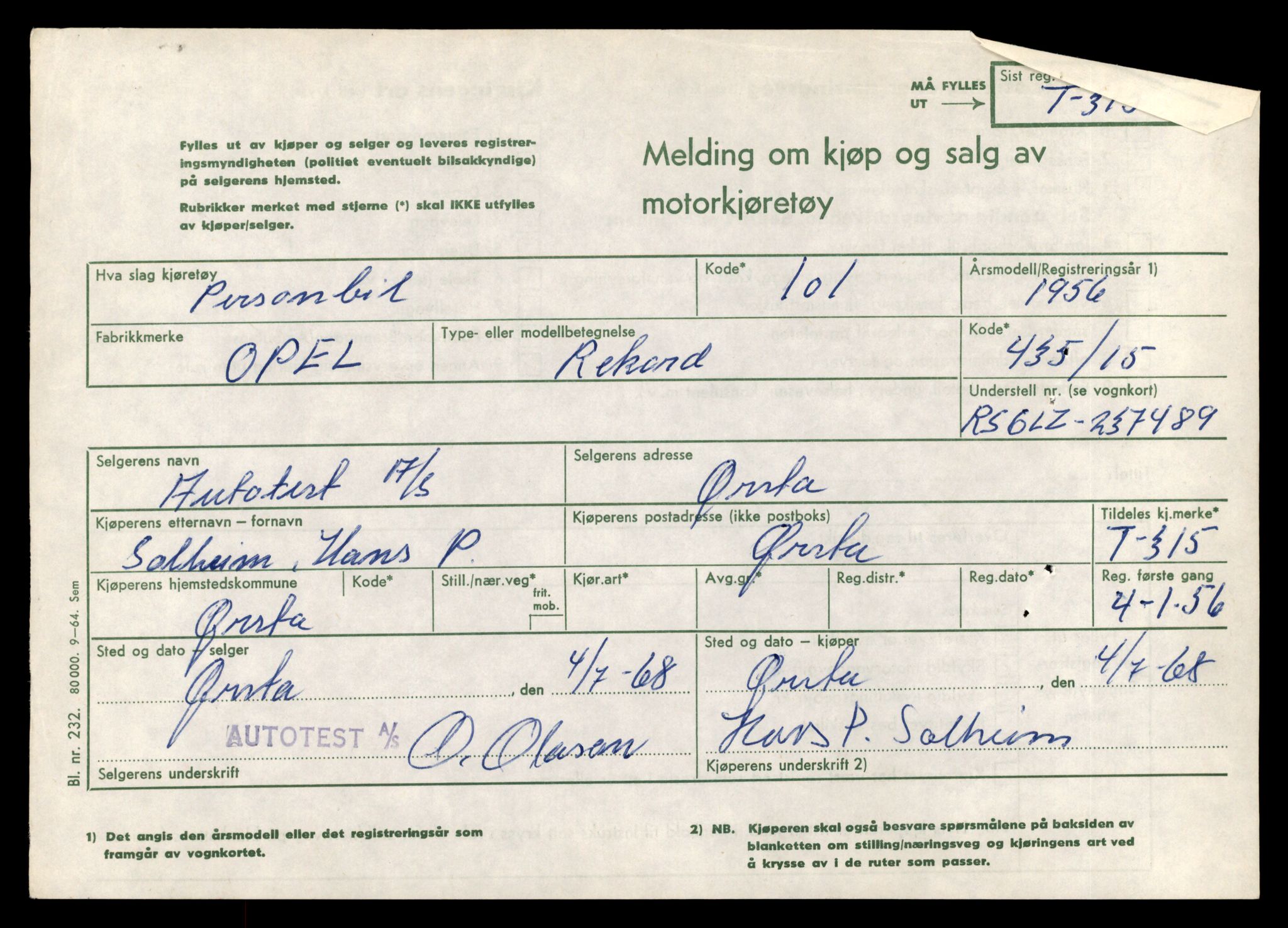 Møre og Romsdal vegkontor - Ålesund trafikkstasjon, SAT/A-4099/F/Fe/L0003: Registreringskort for kjøretøy T 232 - T 340, 1927-1998, p. 3008