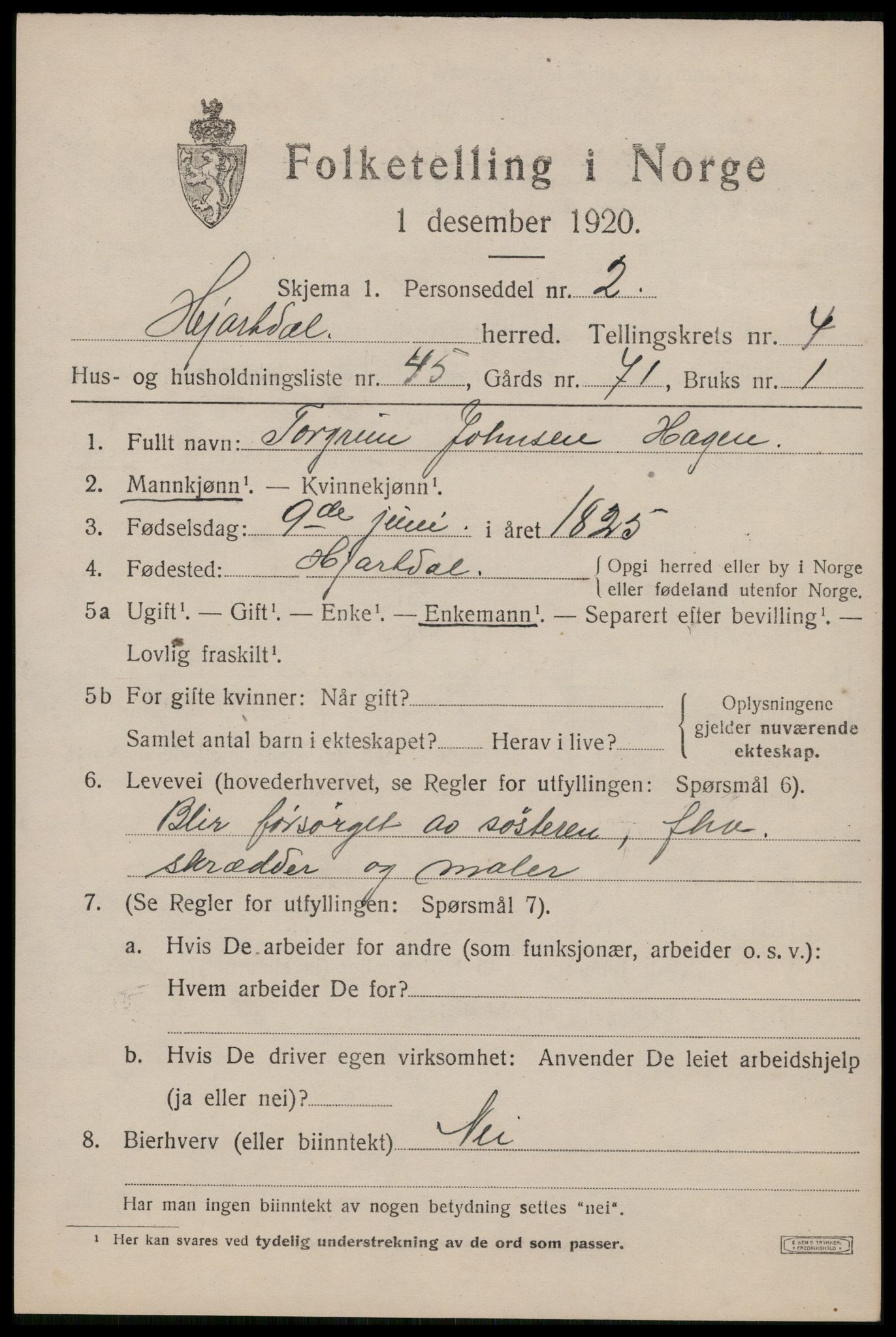 SAKO, 1920 census for Hjartdal, 1920, p. 3254