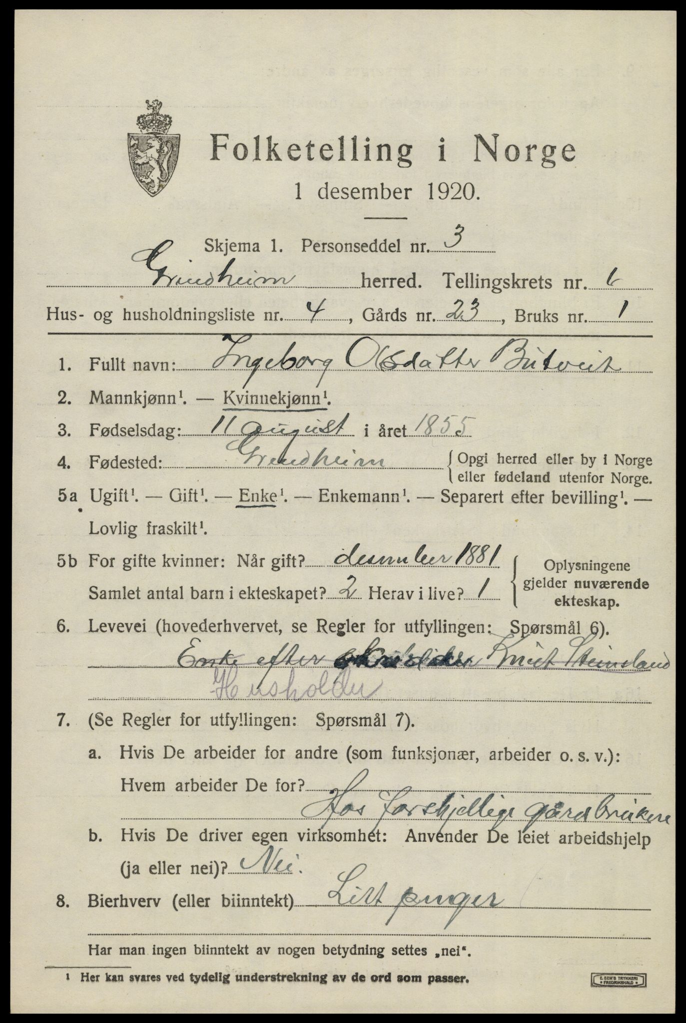 SAK, 1920 census for Grindheim, 1920, p. 1897