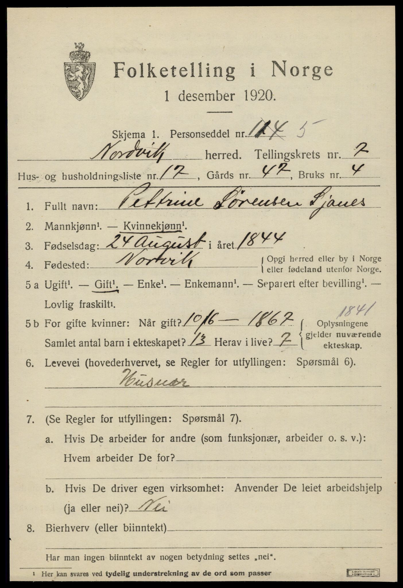 SAT, 1920 census for Nordvik, 1920, p. 2836