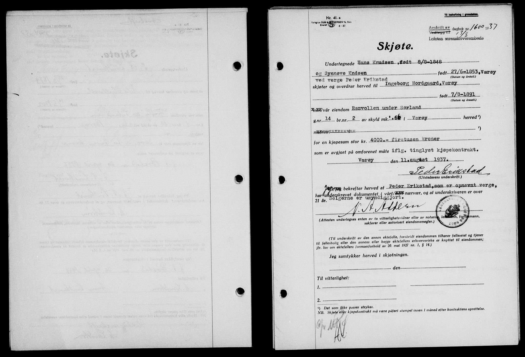 Lofoten sorenskriveri, SAT/A-0017/1/2/2C/L0002a: Mortgage book no. 2a, 1937-1937, Diary no: : 1600/1937