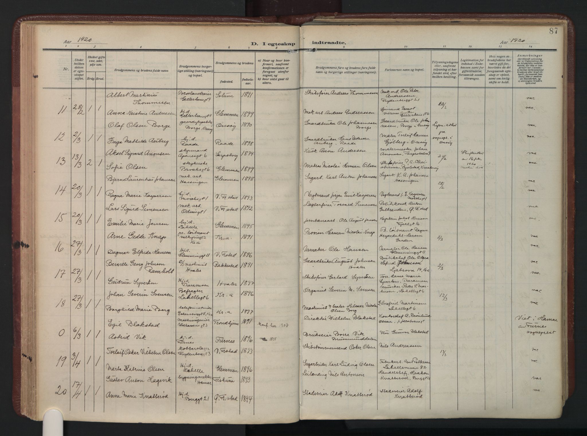 Fredrikstad domkirkes prestekontor Kirkebøker, AV/SAO-A-10906/F/Fa/L0009: Parish register (official) no. I 9, 1908-1946, p. 87