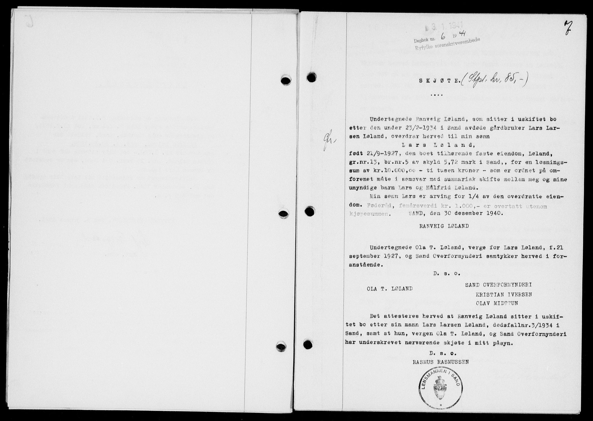 Ryfylke tingrett, SAST/A-100055/001/II/IIB/L0083: Mortgage book no. 62, 1941-1941, Diary no: : 6/1941
