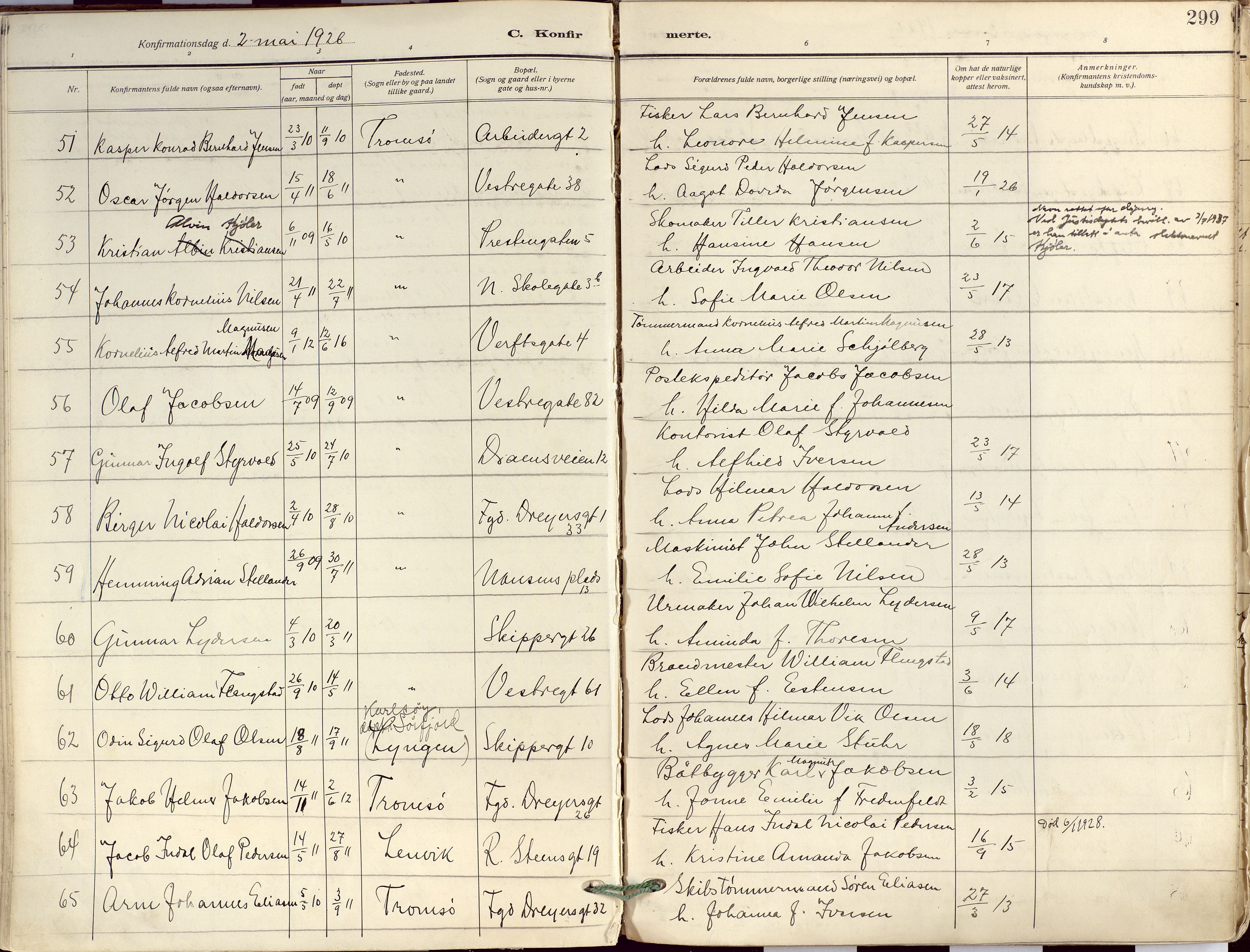 Tromsø sokneprestkontor/stiftsprosti/domprosti, AV/SATØ-S-1343/G/Ga/L0019kirke: Parish register (official) no. 19, 1917-1927, p. 299