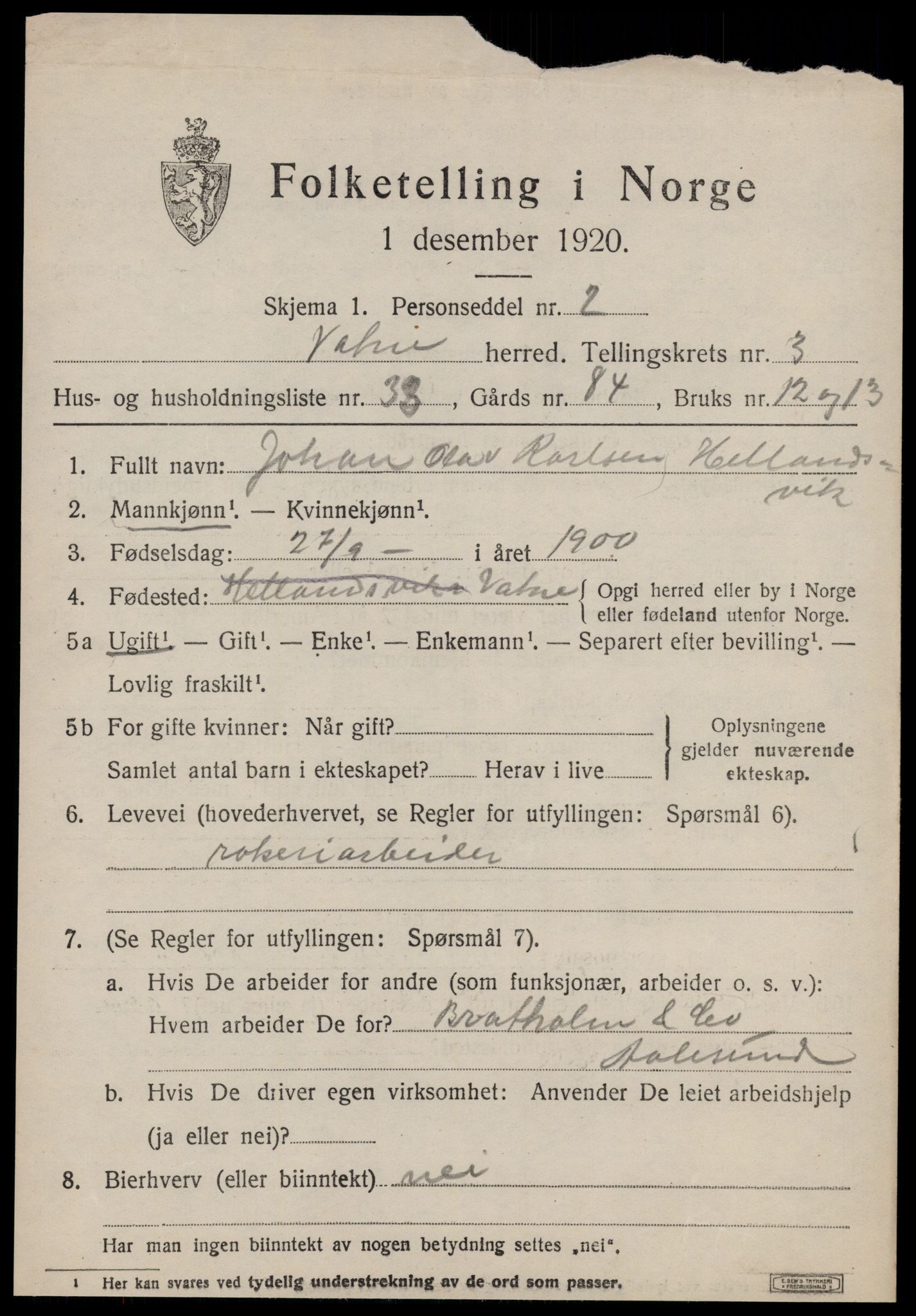 SAT, 1920 census for Vatne, 1920, p. 1786