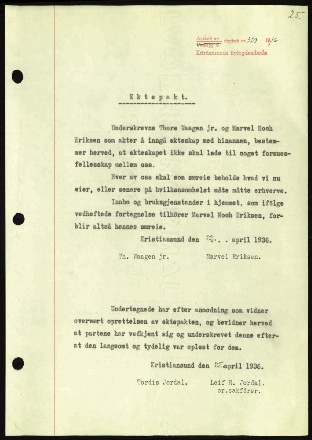 Kristiansund byfogd, AV/SAT-A-4587/A/27: Mortgage book no. 29, 1936-1937, Diary no: : 323/1936