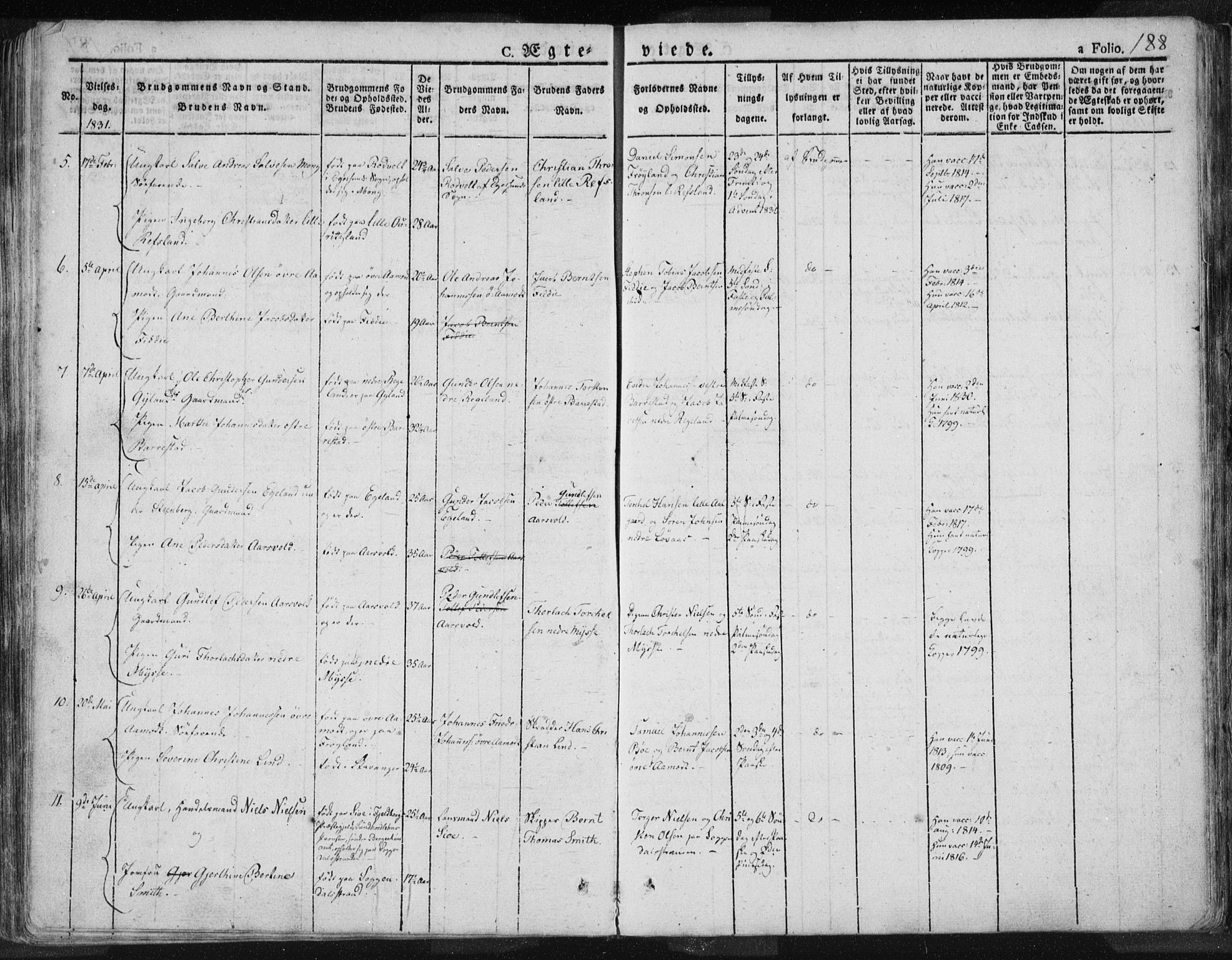 Sokndal sokneprestkontor, AV/SAST-A-101808: Parish register (official) no. A 7.1, 1826-1842, p. 188