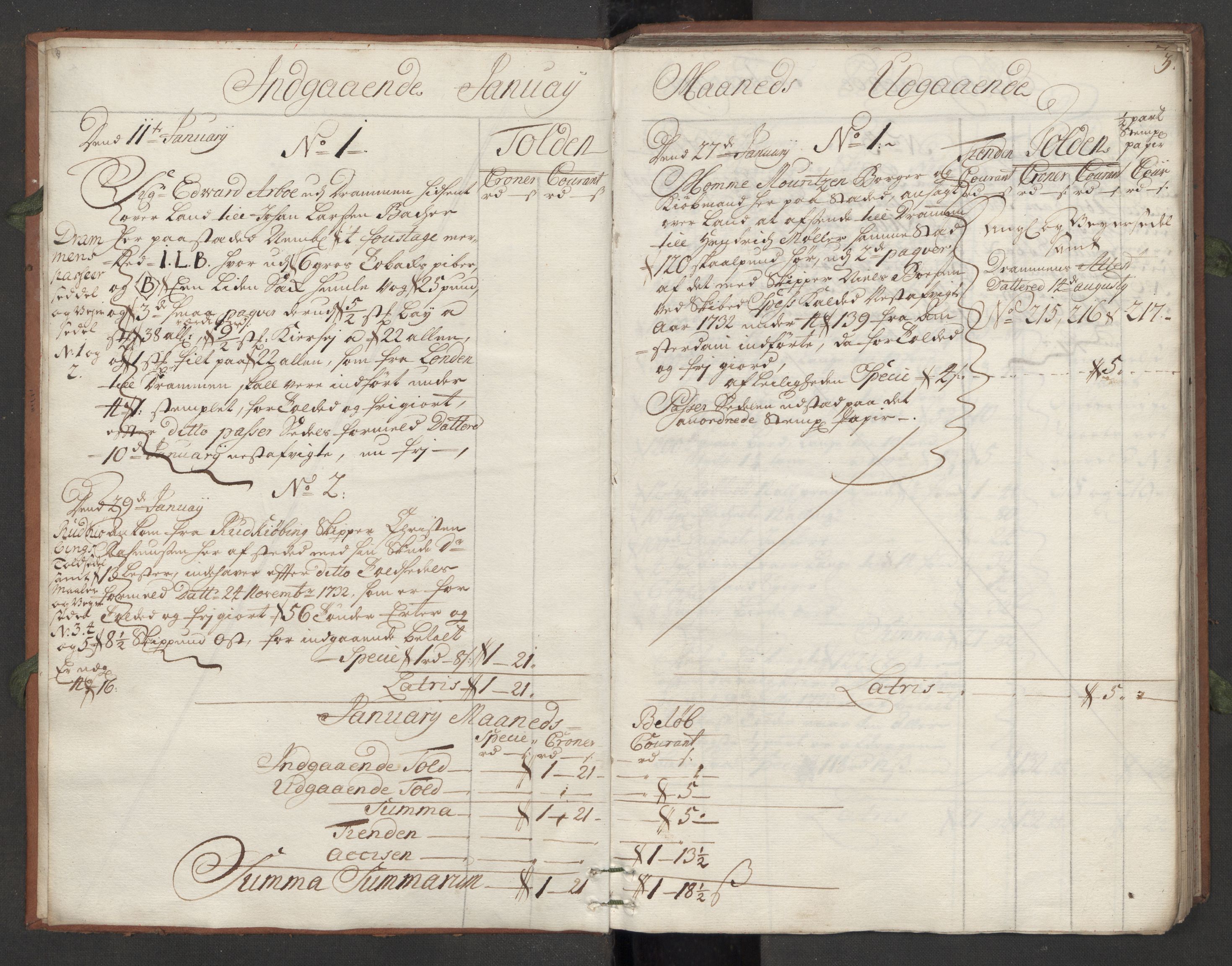 Generaltollkammeret, tollregnskaper, AV/RA-EA-5490/R09/L0008/0001: Tollregnskaper Holmestrand / Hovedtollbok, 1733, p. 2b-3a