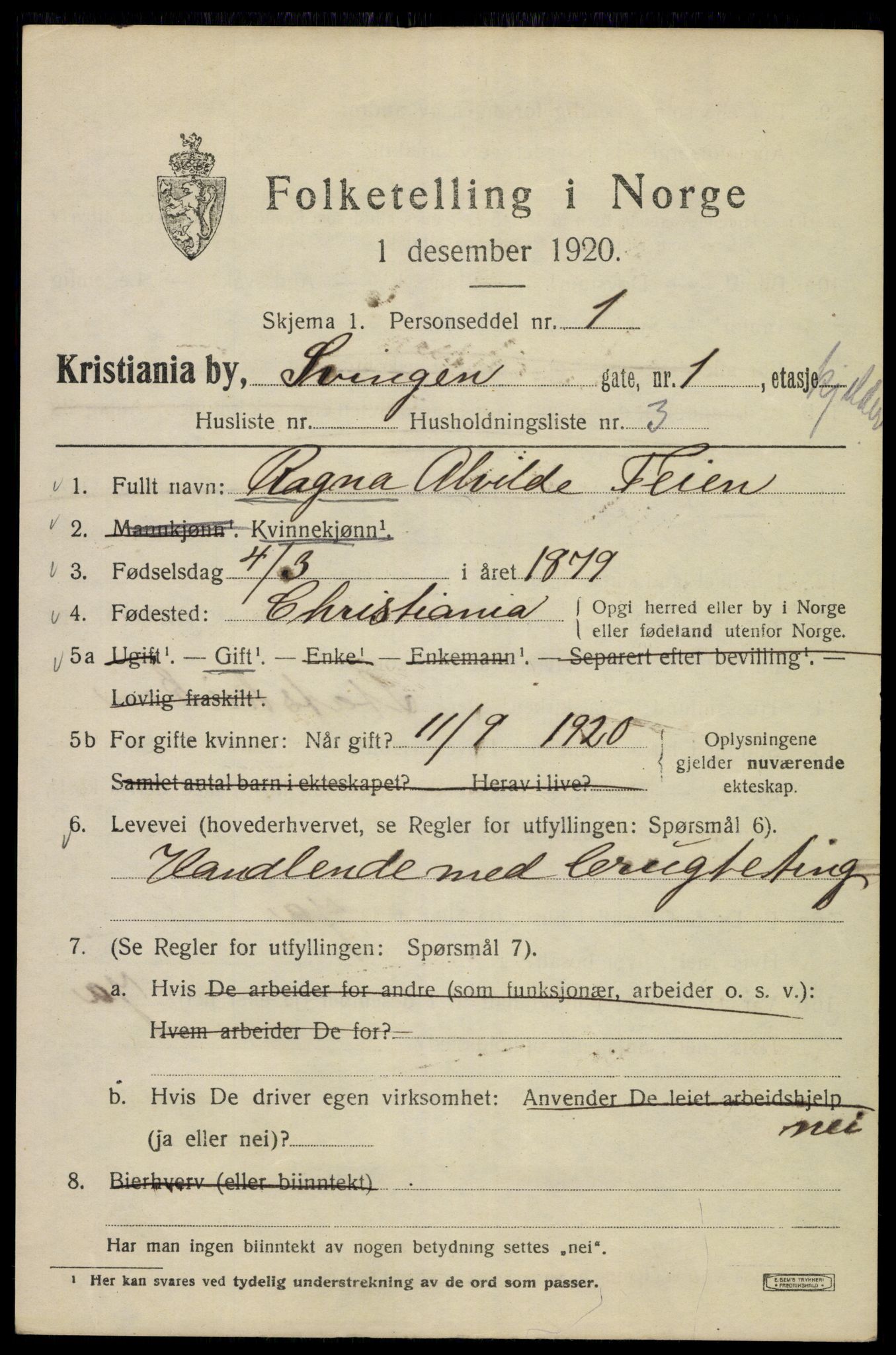 SAO, 1920 census for Kristiania, 1920, p. 560187