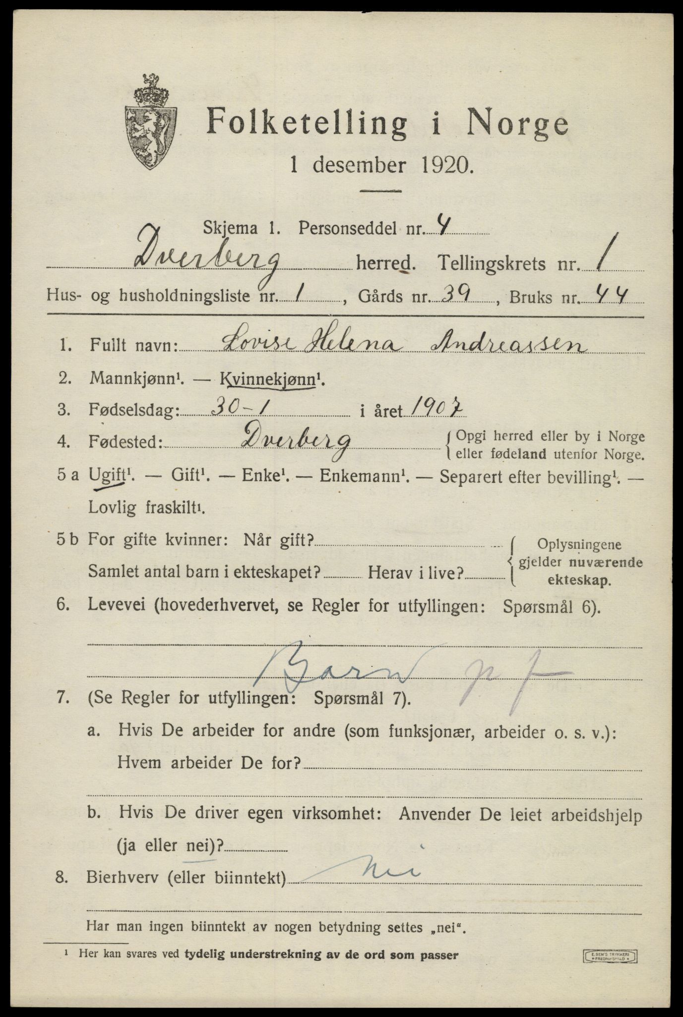 SAT, 1920 census for Dverberg, 1920, p. 1864