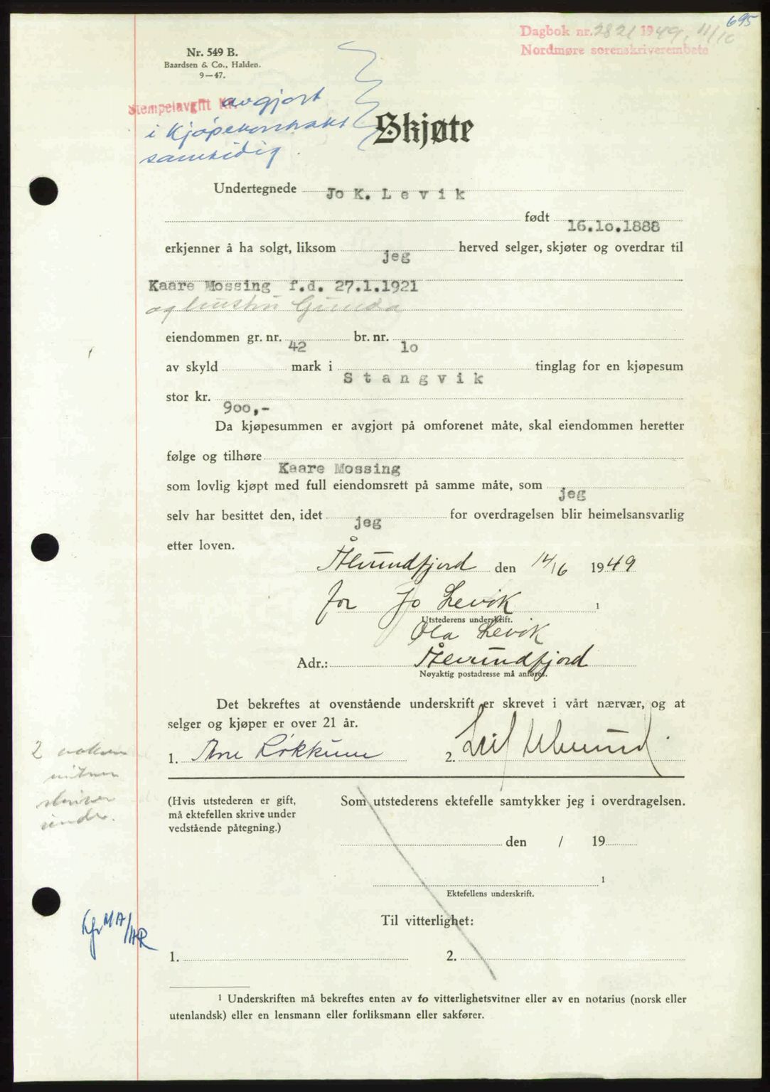 Nordmøre sorenskriveri, AV/SAT-A-4132/1/2/2Ca: Mortgage book no. A112, 1949-1949, Diary no: : 2821/1949