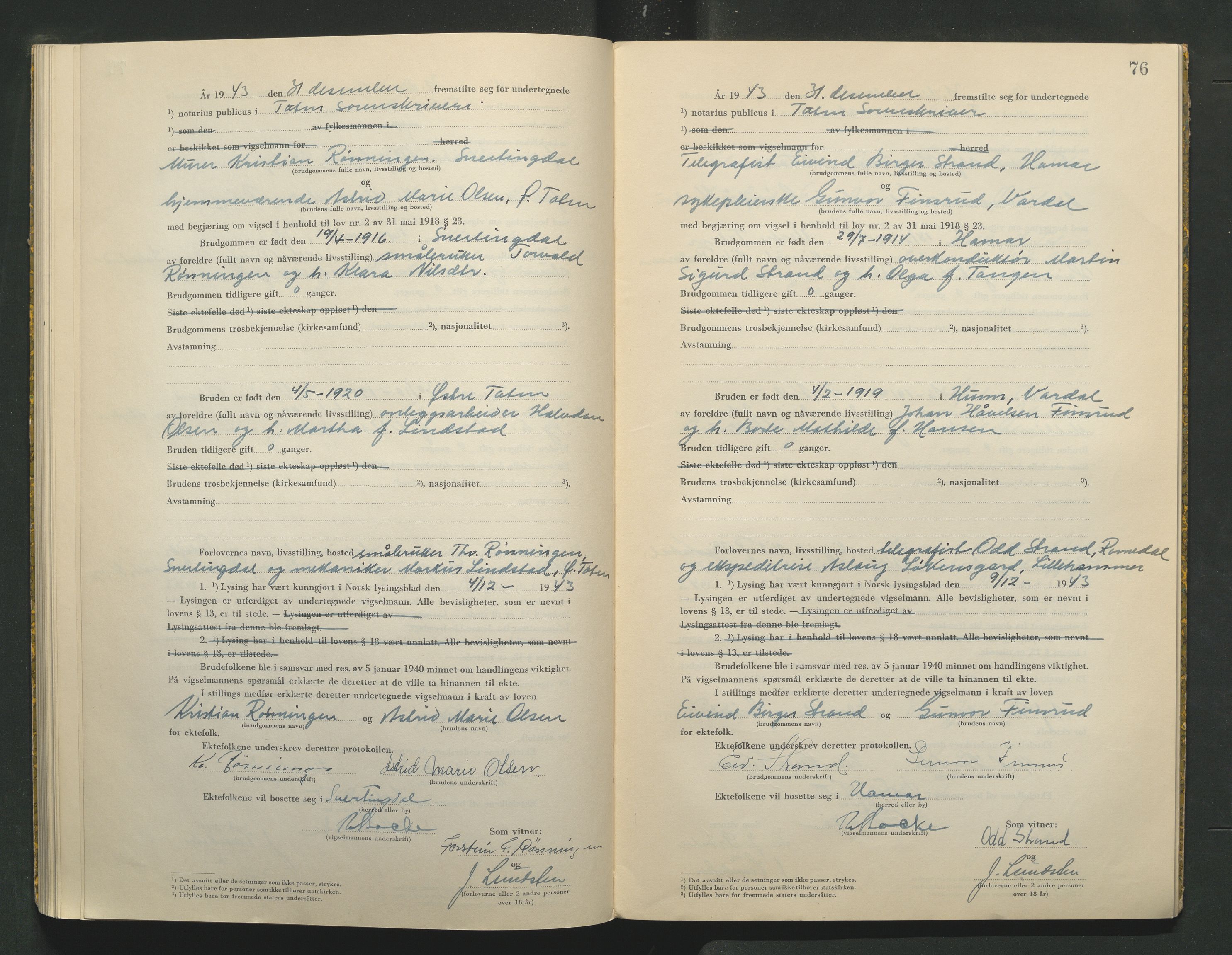 Toten tingrett, AV/SAH-TING-006/L/Lc/L0003: Vigselbok, 1943-1944, p. 76