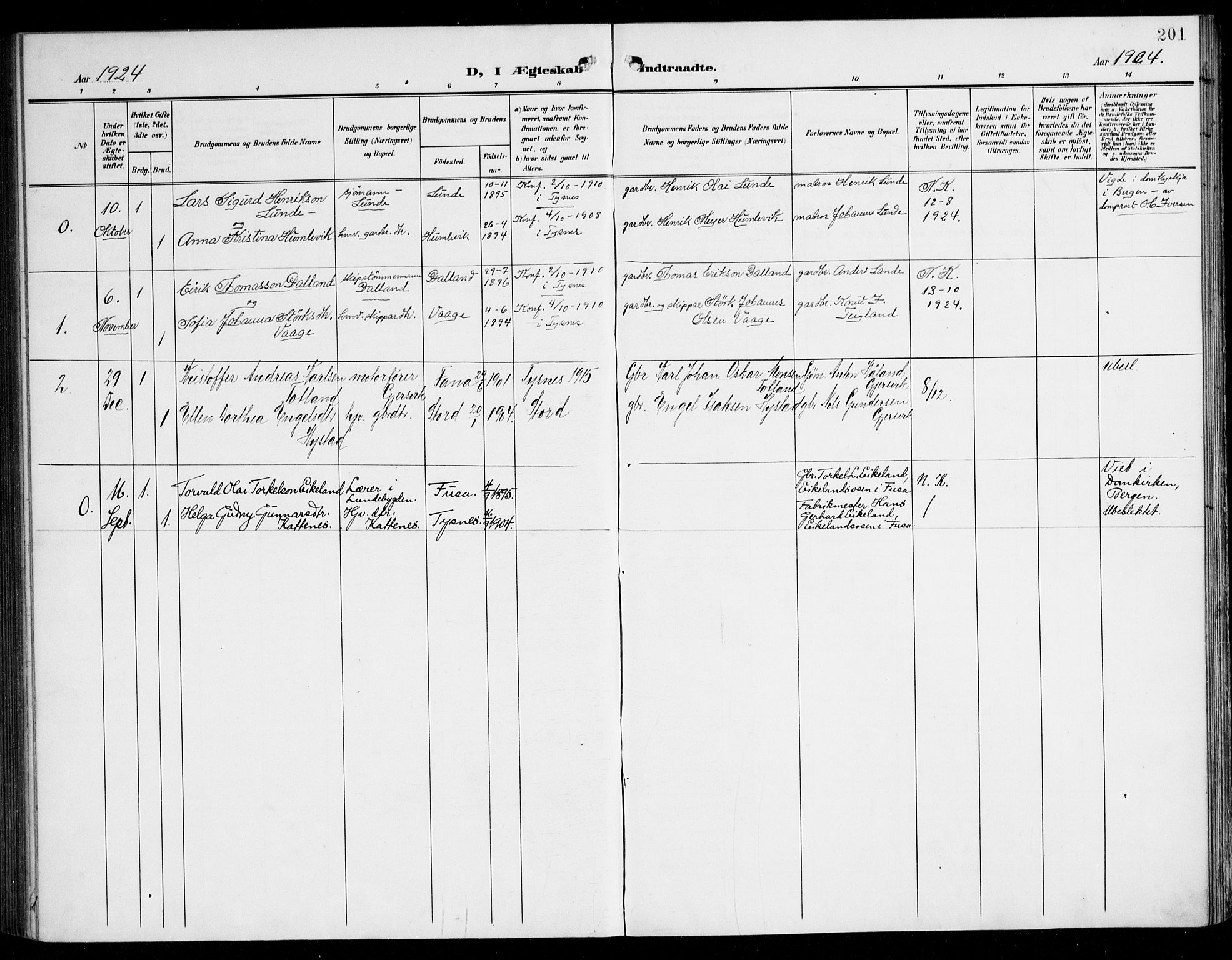 Tysnes sokneprestembete, SAB/A-78601/H/Haa: Parish register (official) no. B 2, 1907-1925, p. 201