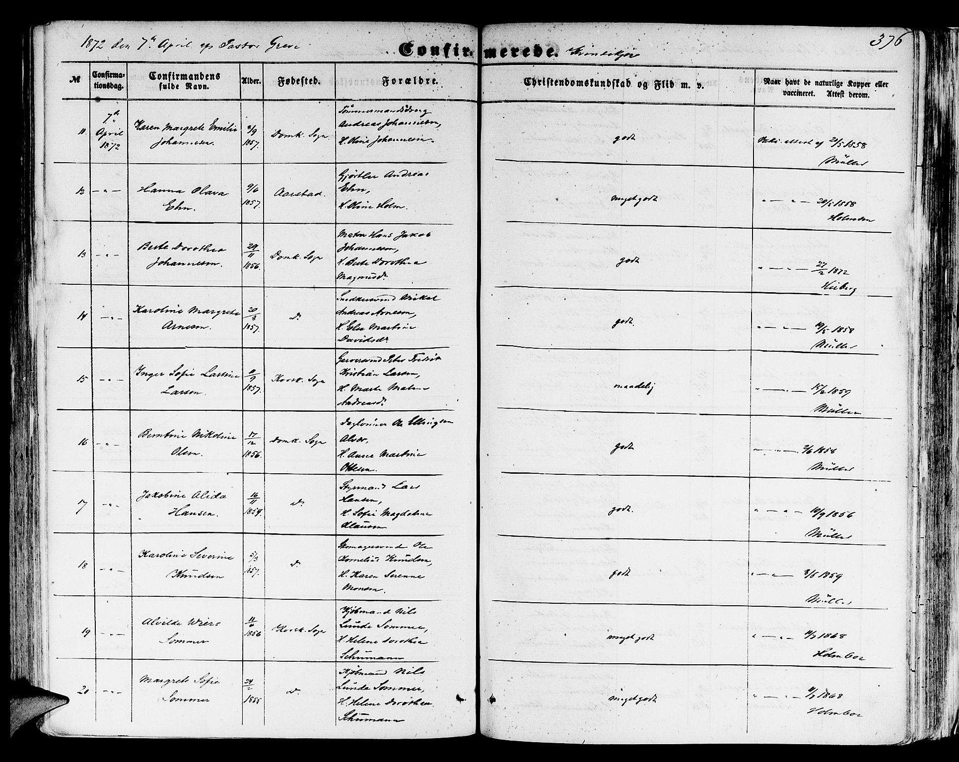 Domkirken sokneprestembete, SAB/A-74801/H/Hab/L0023: Parish register (copy) no. C 3, 1854-1880, p. 376