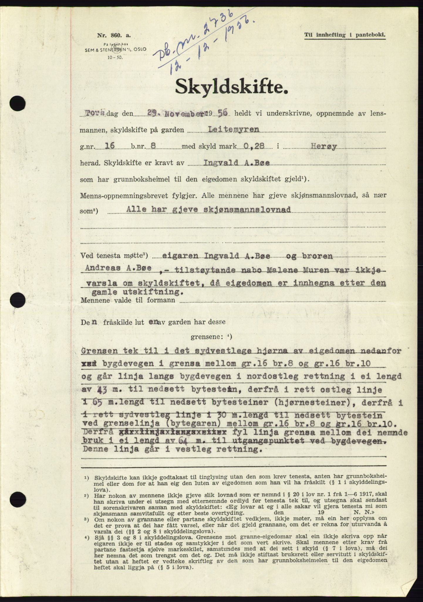 Søre Sunnmøre sorenskriveri, AV/SAT-A-4122/1/2/2C/L0105: Mortgage book no. 31A, 1956-1957, Diary no: : 2736/1956