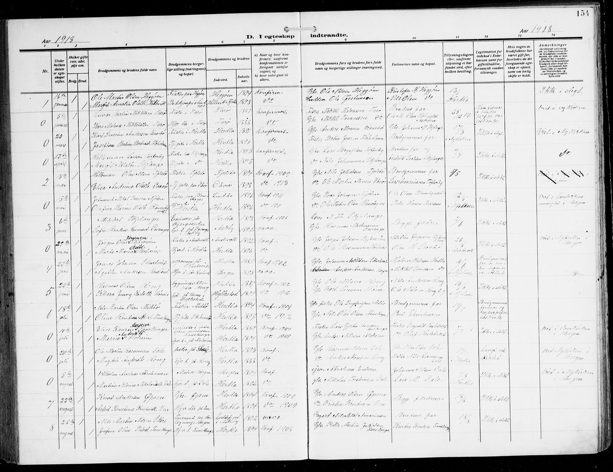 Herdla Sokneprestembete, SAB/A-75701/H/Hab: Parish register (copy) no. C 2, 1913-1926, p. 154