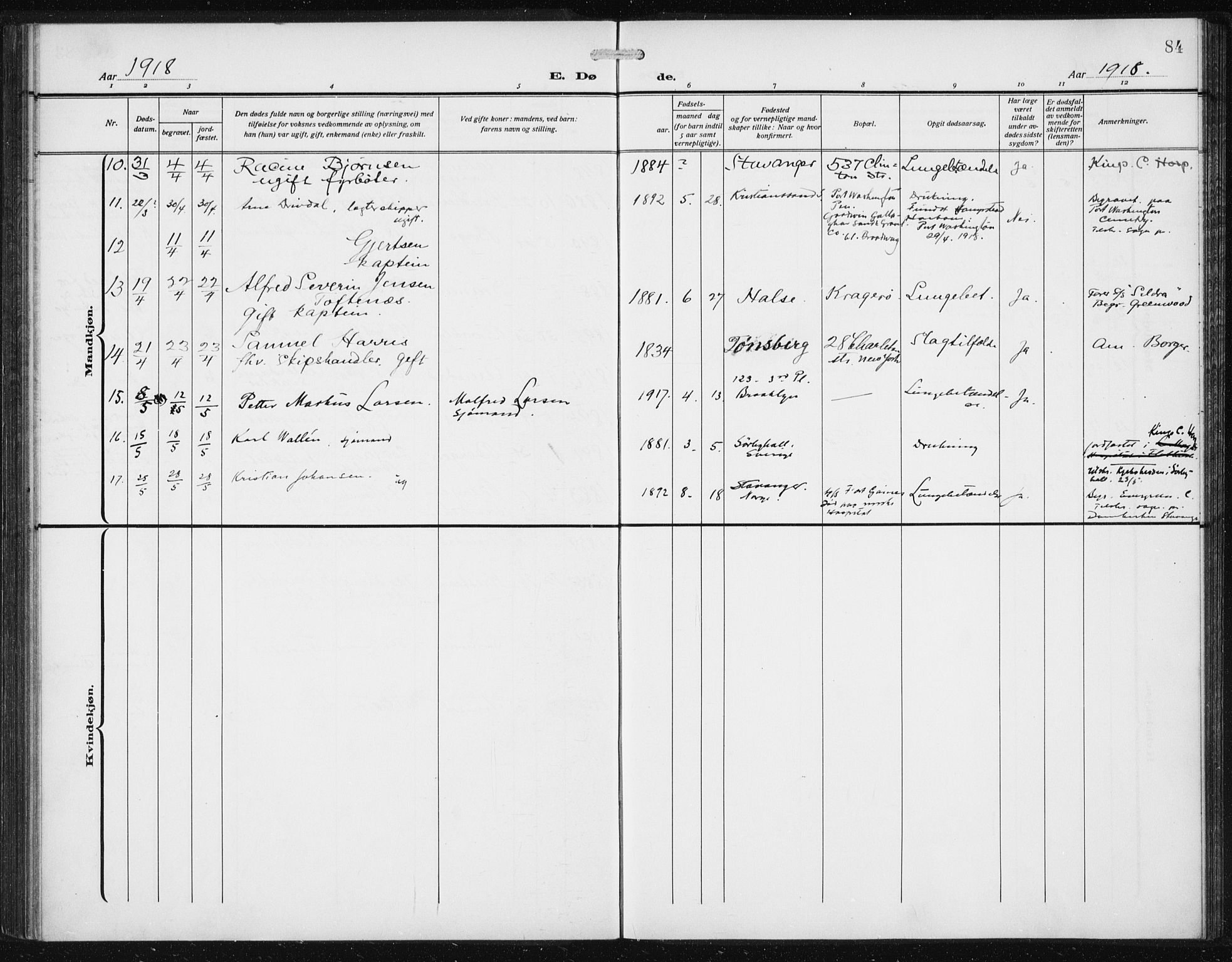 Den norske sjømannsmisjon i utlandet/New York, SAB/SAB/PA-0110/H/Ha/L0007: Parish register (official) no. A 7, 1915-1923, p. 84