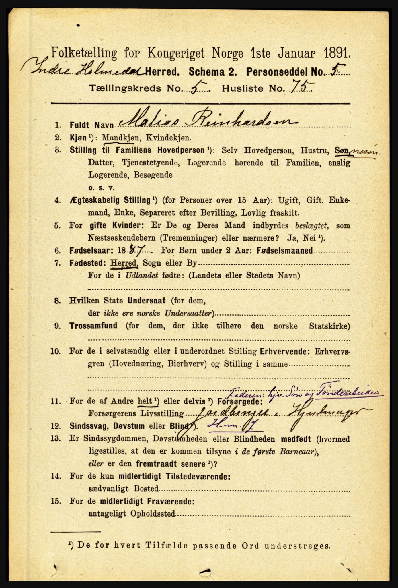 RA, 1891 census for 1430 Indre Holmedal, 1891, p. 2382