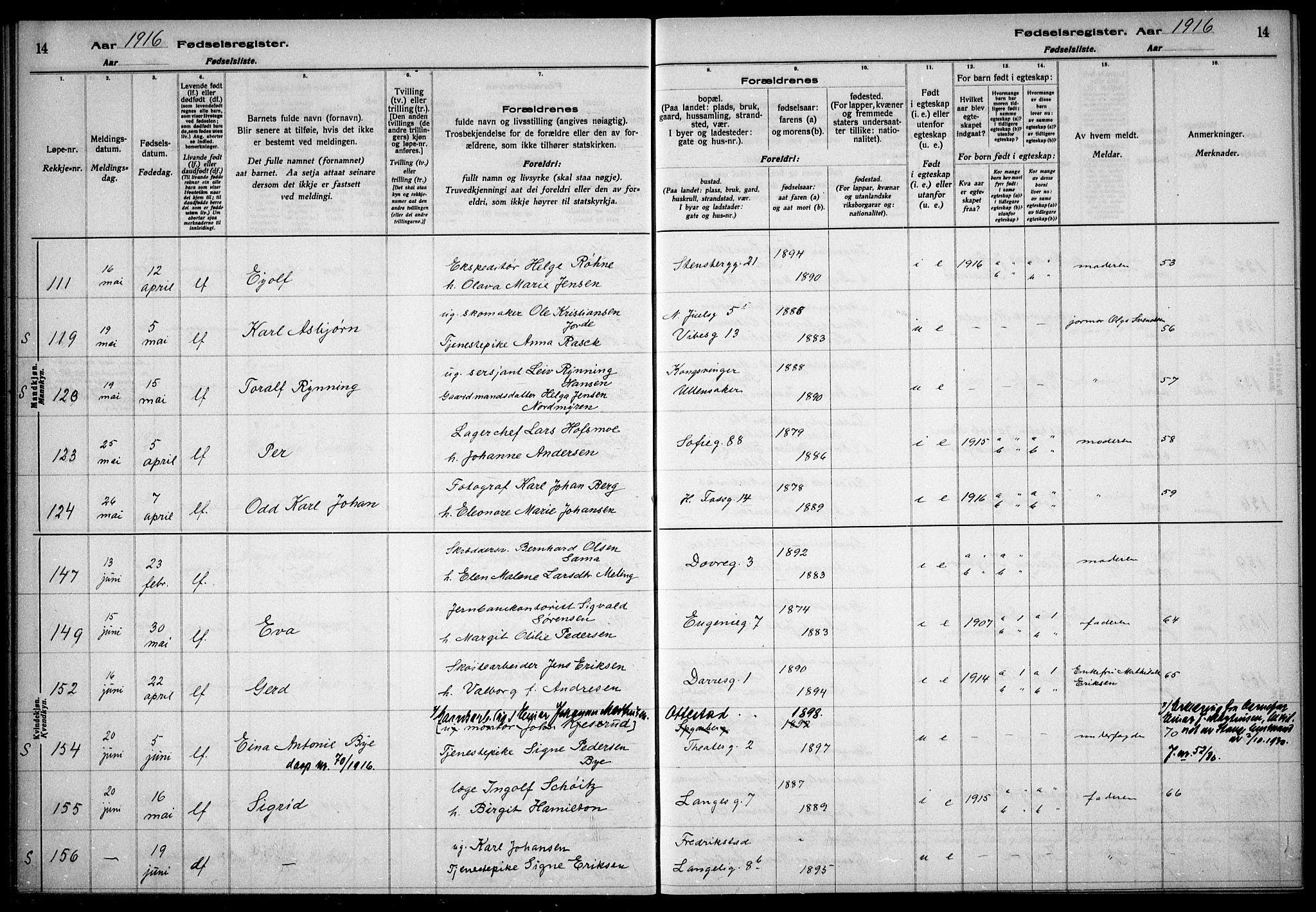 Gamle Aker prestekontor Kirkebøker, AV/SAO-A-10617a/J/L0001: Birth register no. 1, 1916-1927, p. 14