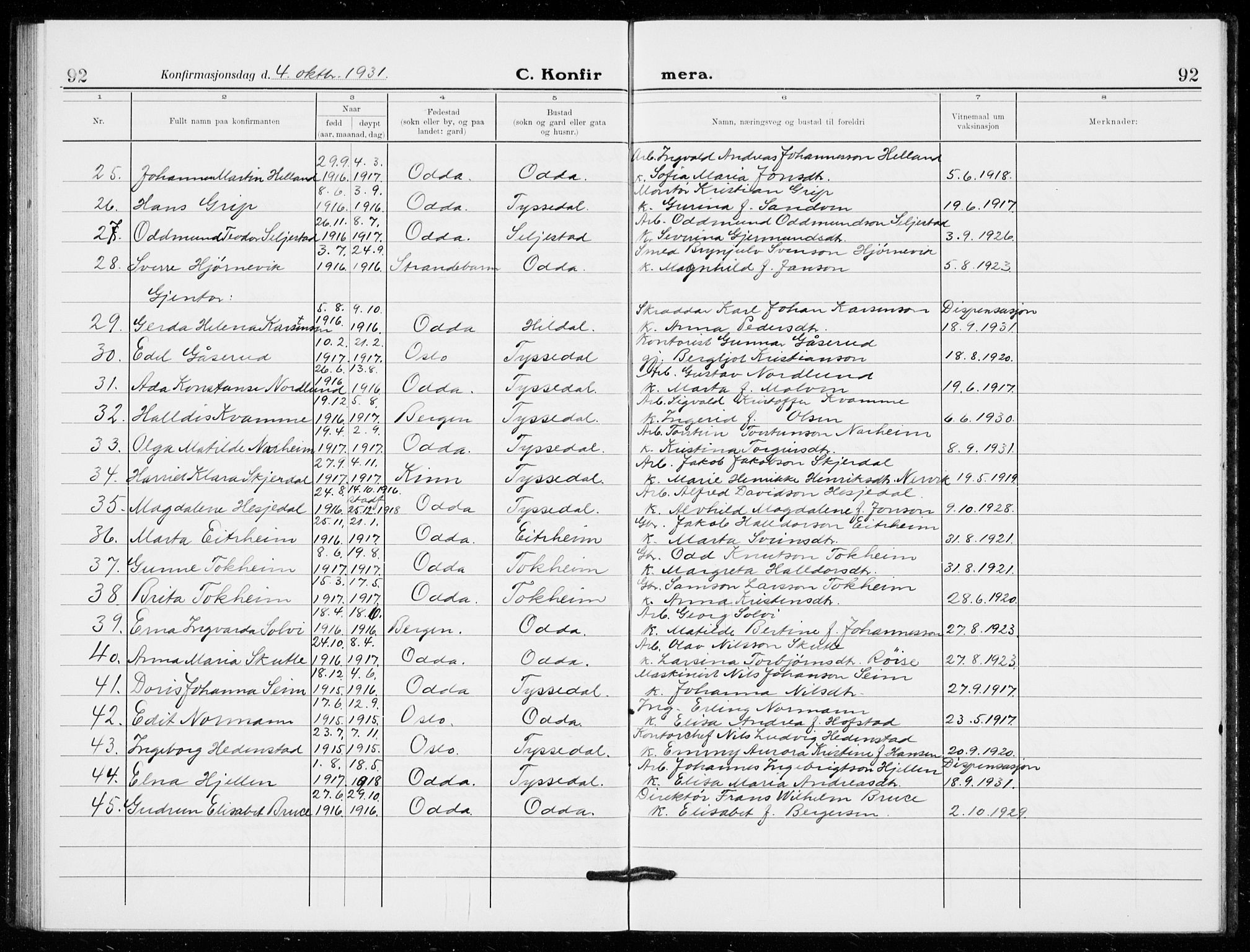 Odda Sokneprestembete, AV/SAB-A-77201/H/Hab: Parish register (copy) no. C  1, 1913-1934, p. 92