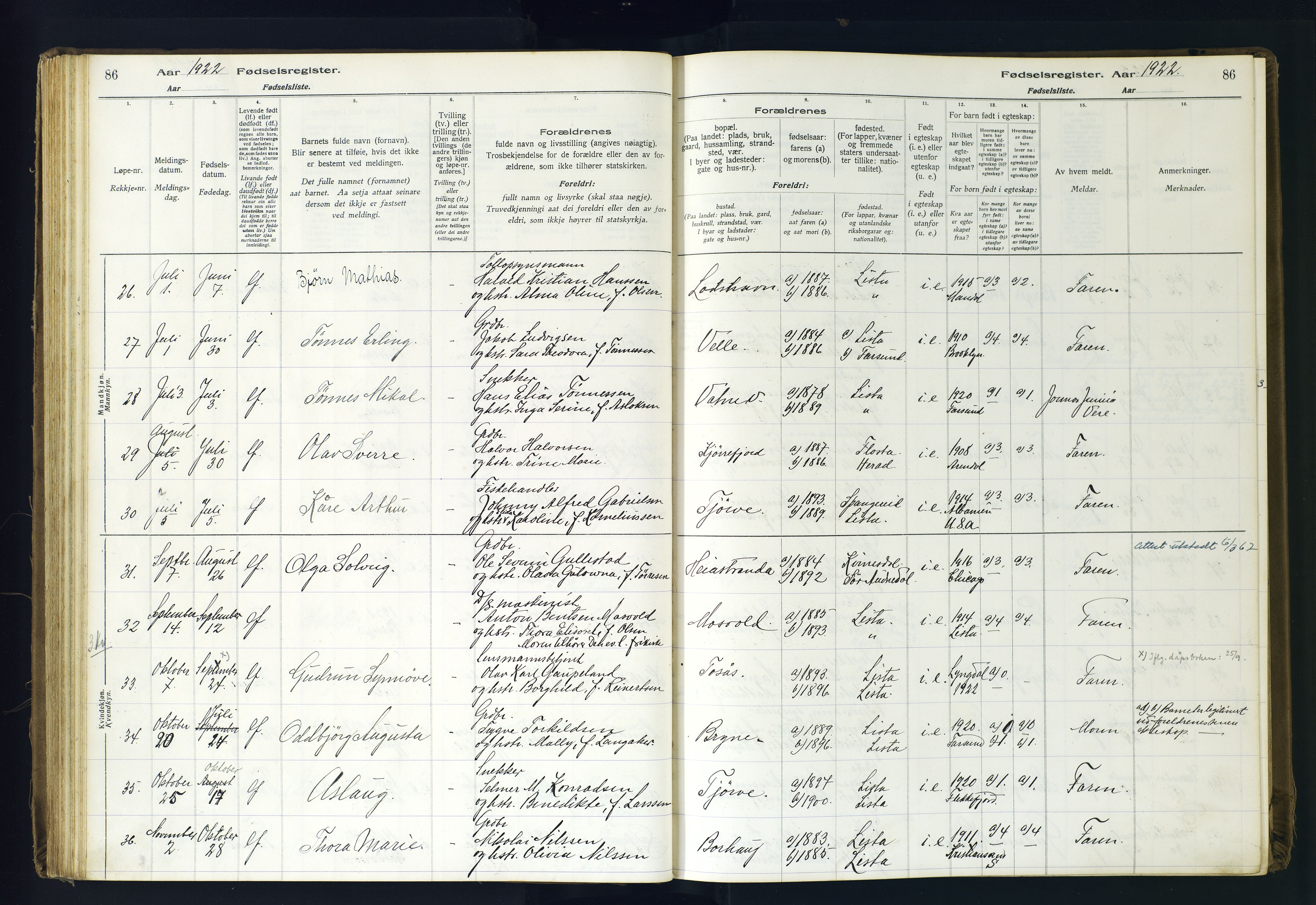 Lista sokneprestkontor, AV/SAK-1111-0027/J/Ja/L0001: Birth register no. A-VI-30, 1916-1934, p. 86