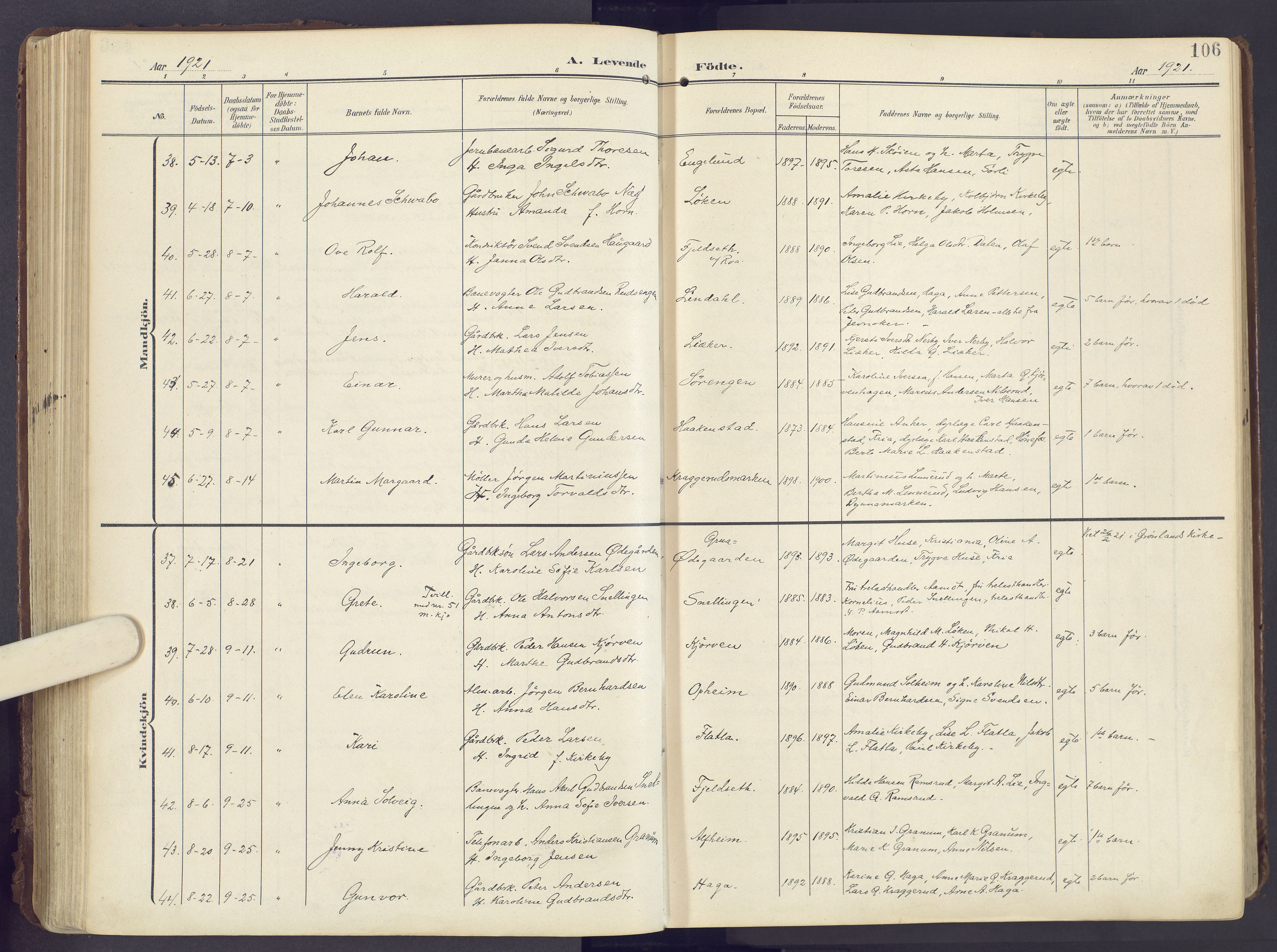 Lunner prestekontor, SAH/PREST-118/H/Ha/Haa/L0001: Parish register (official) no. 1, 1907-1922, p. 106