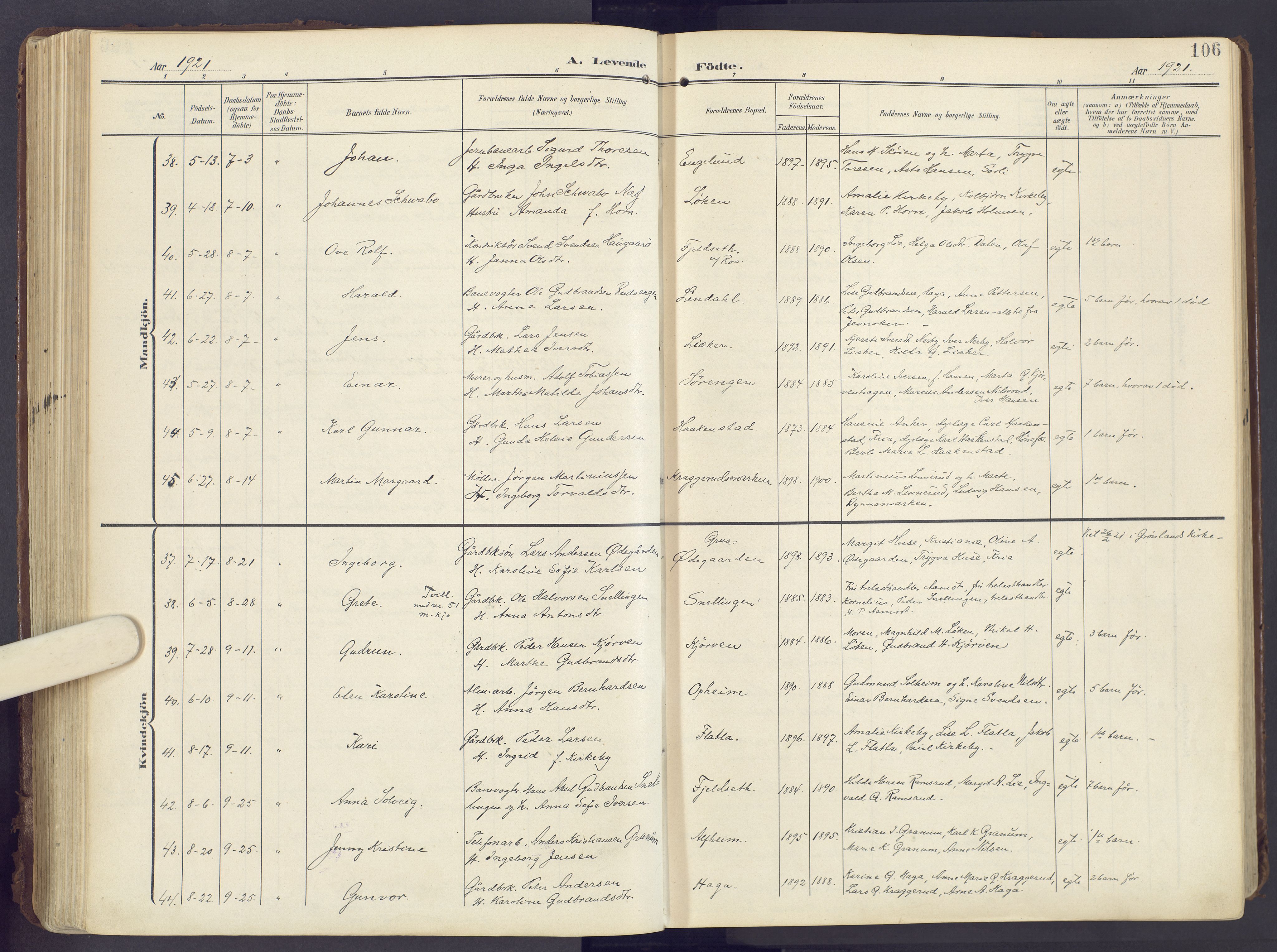 Lunner prestekontor, AV/SAH-PREST-118/H/Ha/Haa/L0001: Parish register (official) no. 1, 1907-1922, p. 106