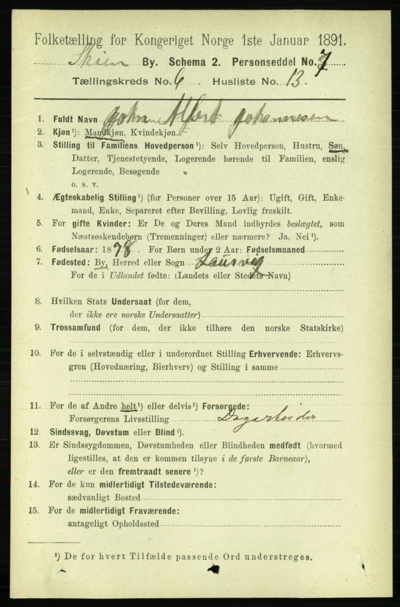 RA, 1891 census for 0806 Skien, 1891, p. 3129